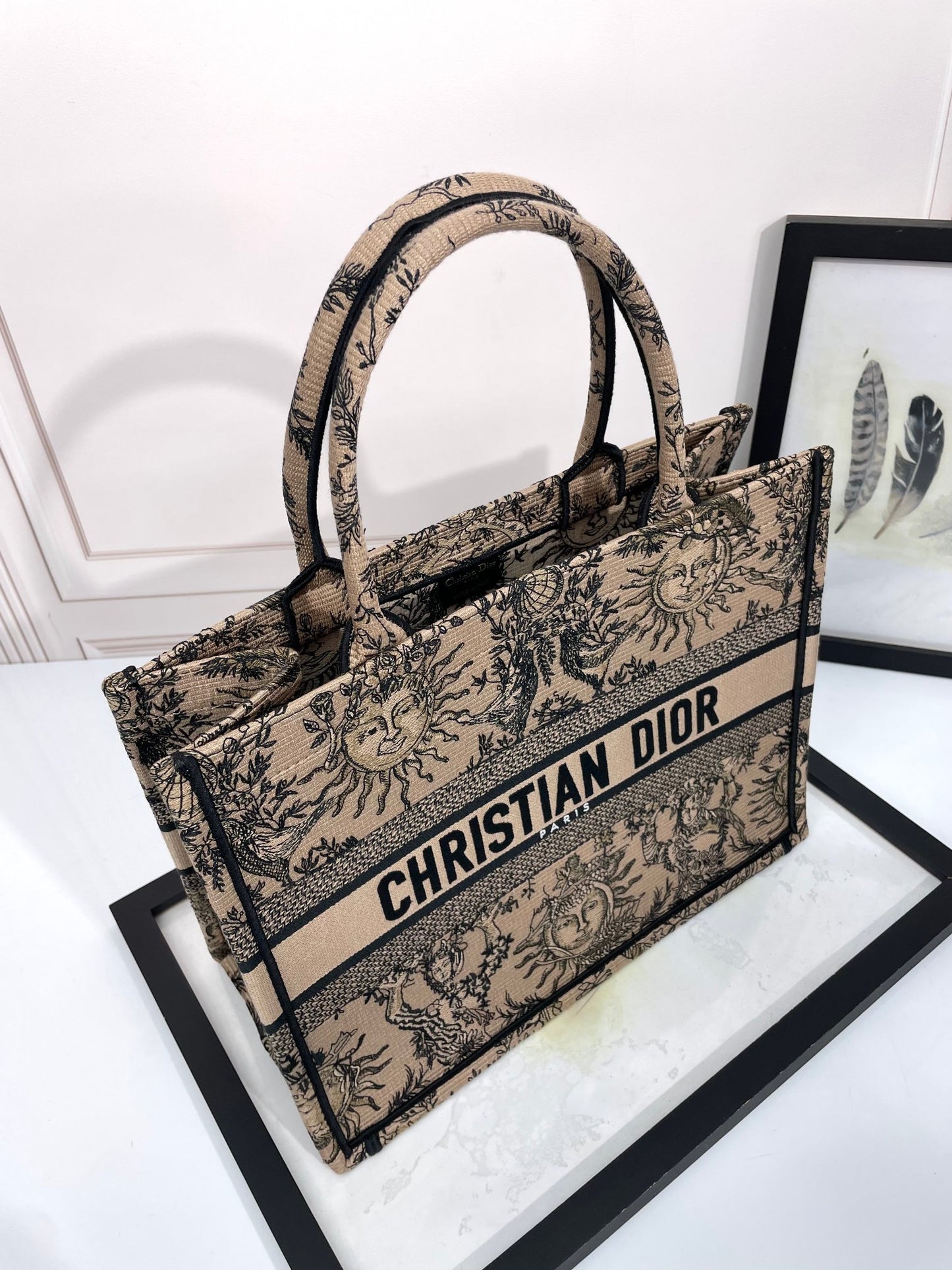 Christian Dior Medium Book Tote - Beige and Black Sun Motif Embroidered Canvas