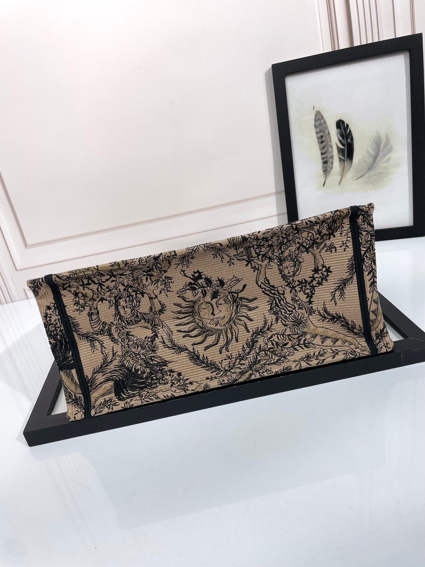 Christian Dior Medium Book Tote - Beige and Black Sun Motif Embroidered Canvas