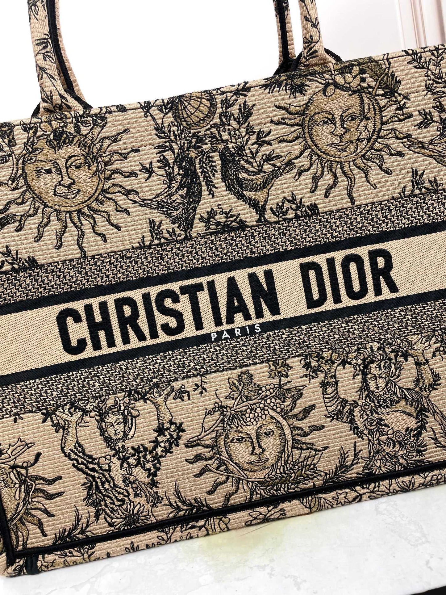 Christian Dior Medium Book Tote - Beige and Black Sun Motif Embroidered Canvas