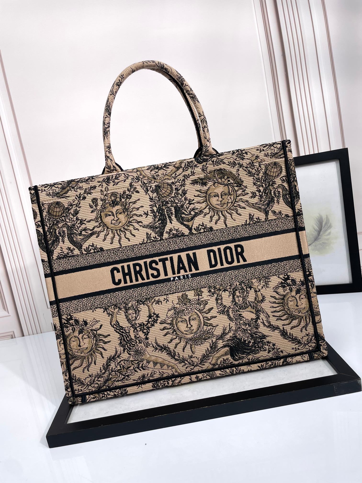 Christian Dior Large Book Tote Beige &amp; Black Celestial Sun Embroidered Canvas Bag