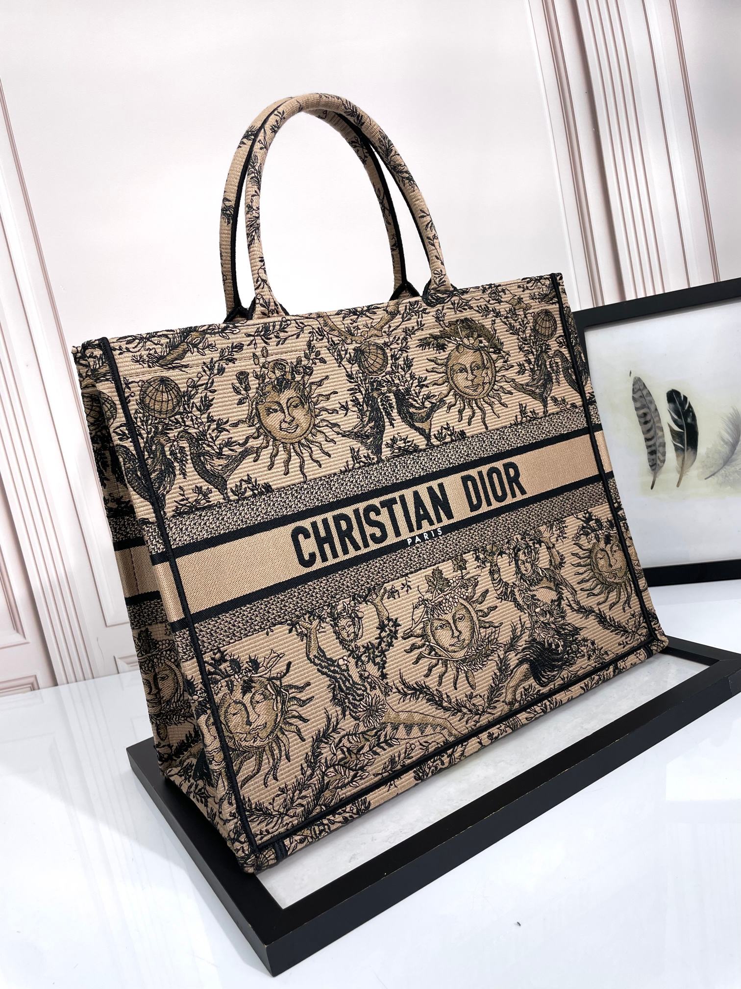 Christian Dior Large Book Tote Beige &amp; Black Celestial Sun Embroidered Canvas Bag