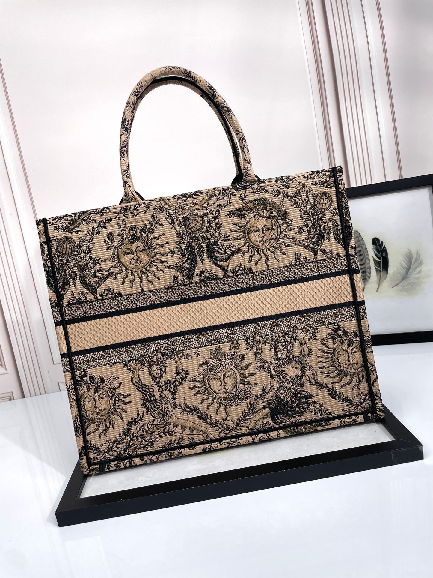 Christian Dior Book Tote Bag - Beige and Black Toile de Jouy Soleil Embroidery