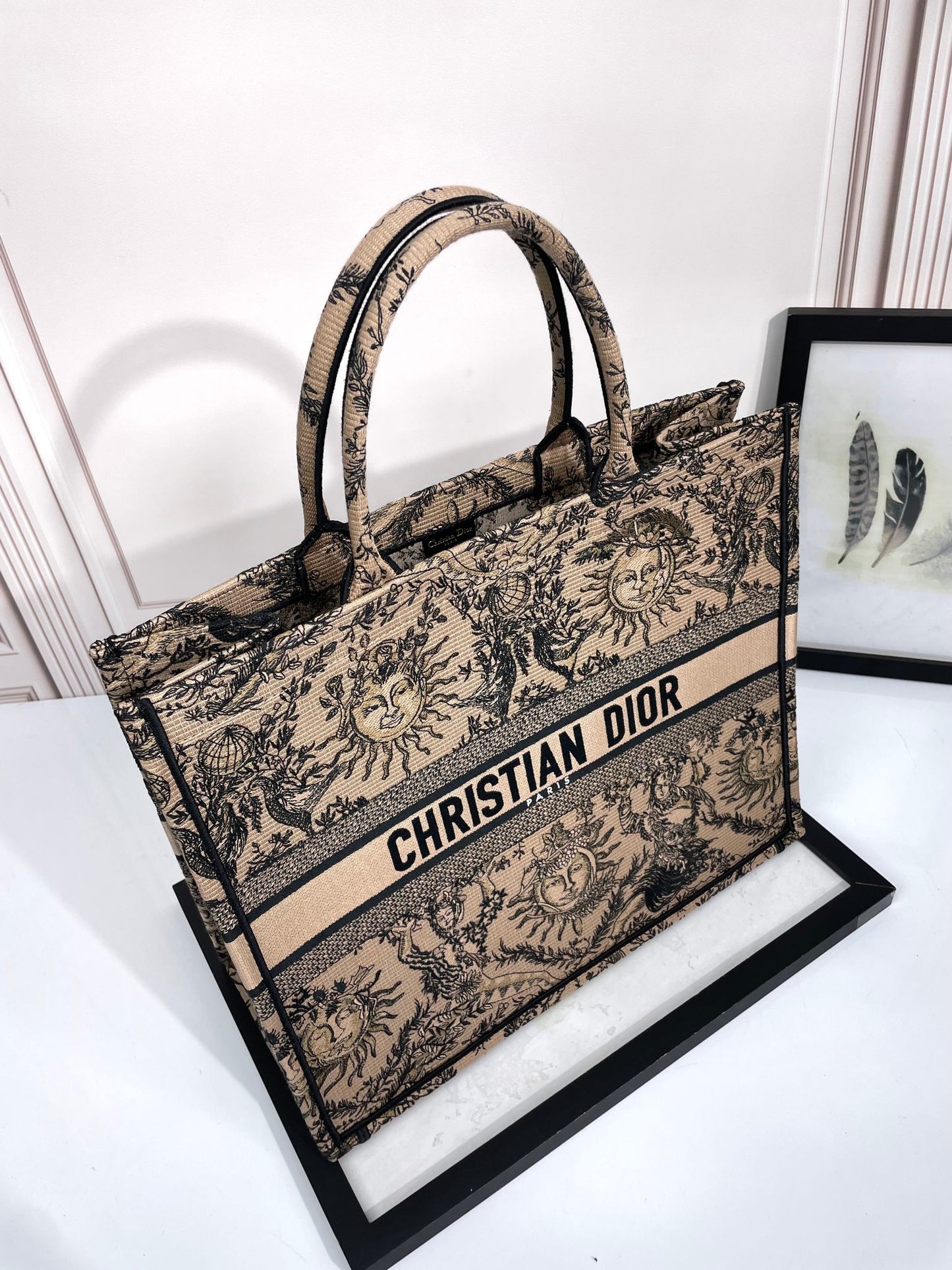 Christian Dior Large Book Tote Beige &amp; Black Celestial Sun Embroidered Canvas Bag