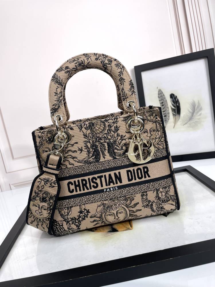 Christian Dior Medium Lady D-Lite Bag Embroidered Sun Motif Beige &amp; Black Canvas