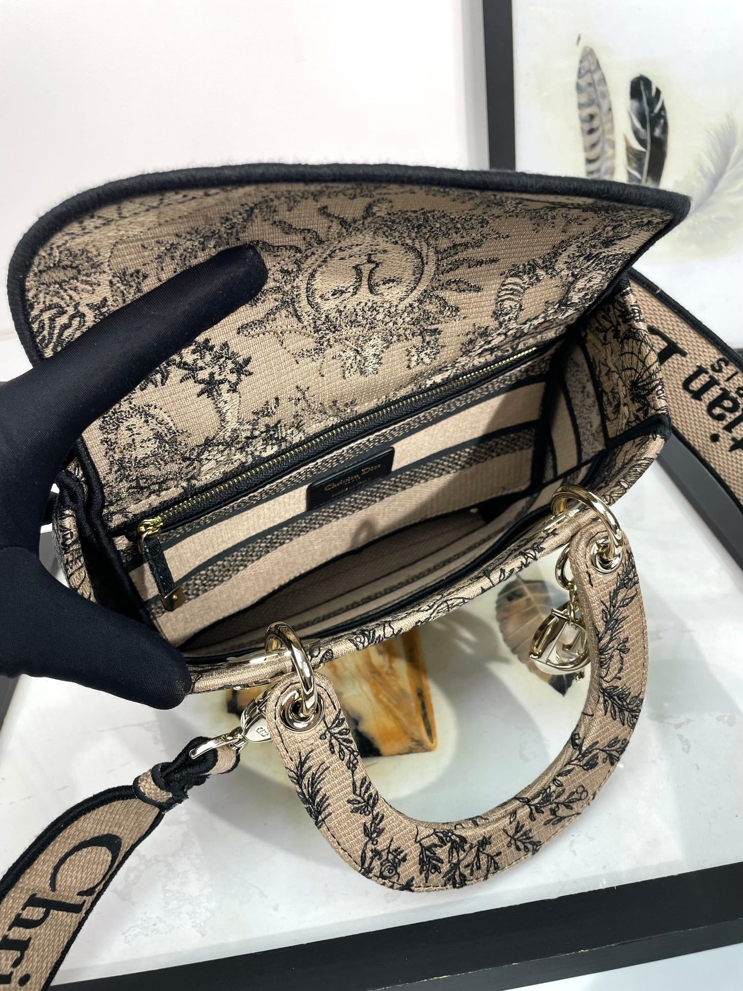 Christian Dior Medium Lady D-Lite Bag Embroidered Sun Motif Beige &amp; Black Canvas
