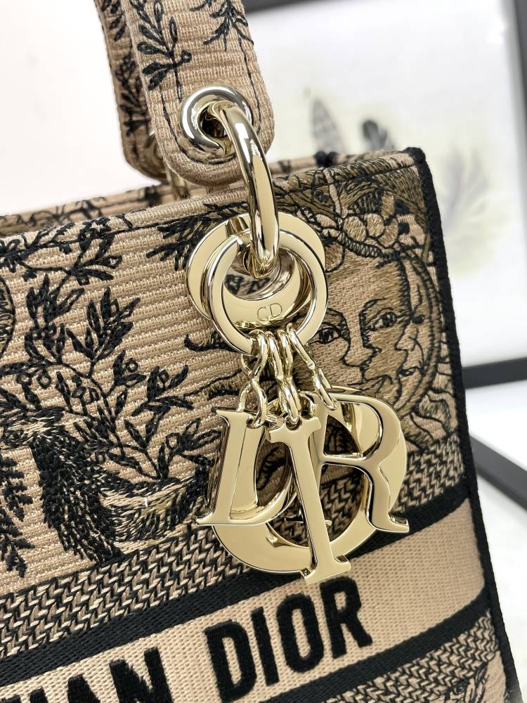 Christian Dior Medium Lady D-Lite Bag Embroidered Sun Motif Beige &amp; Black Canvas