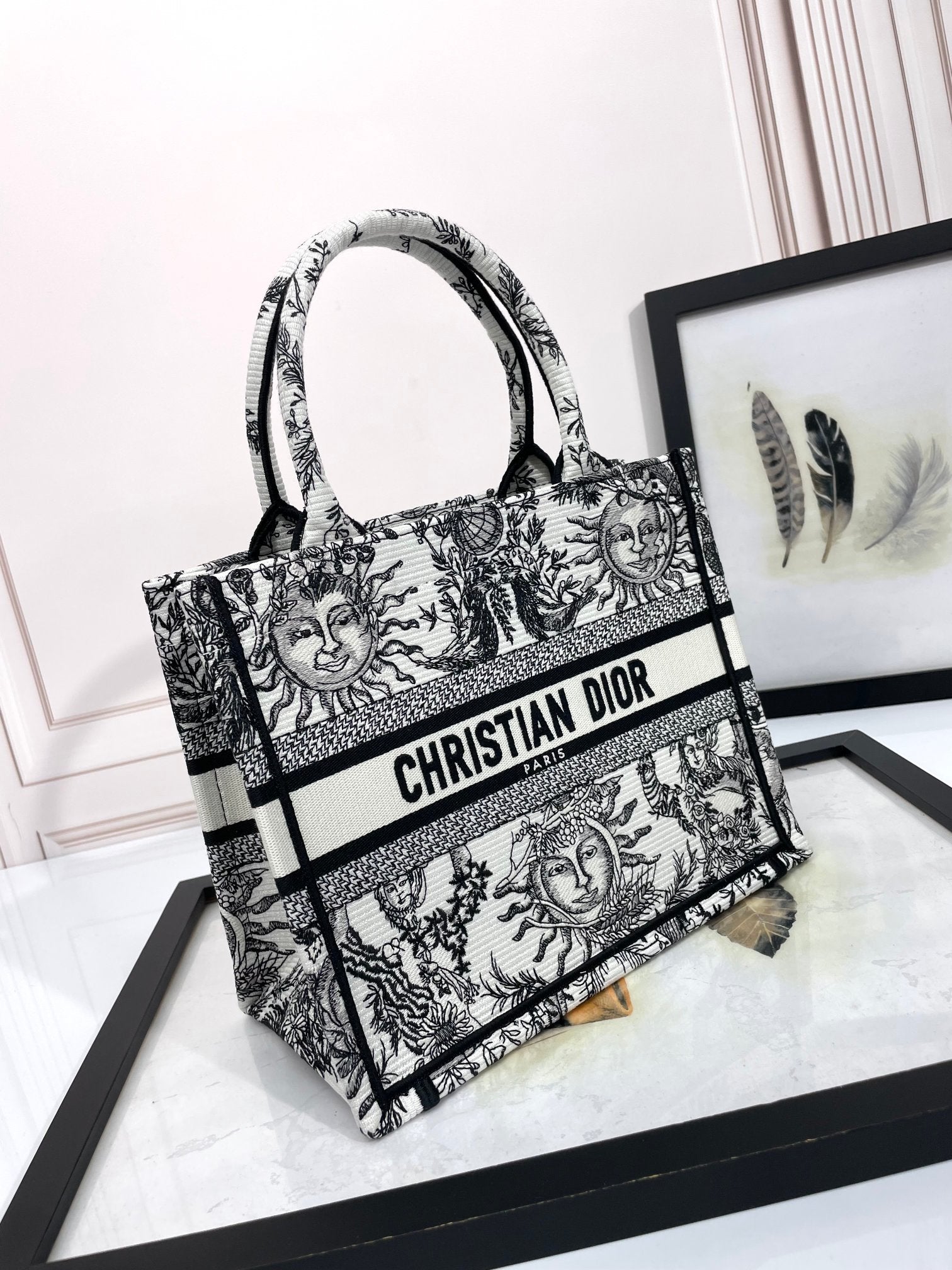 Christian Dior Large Book Tote White and Black Zodiac Embroidery