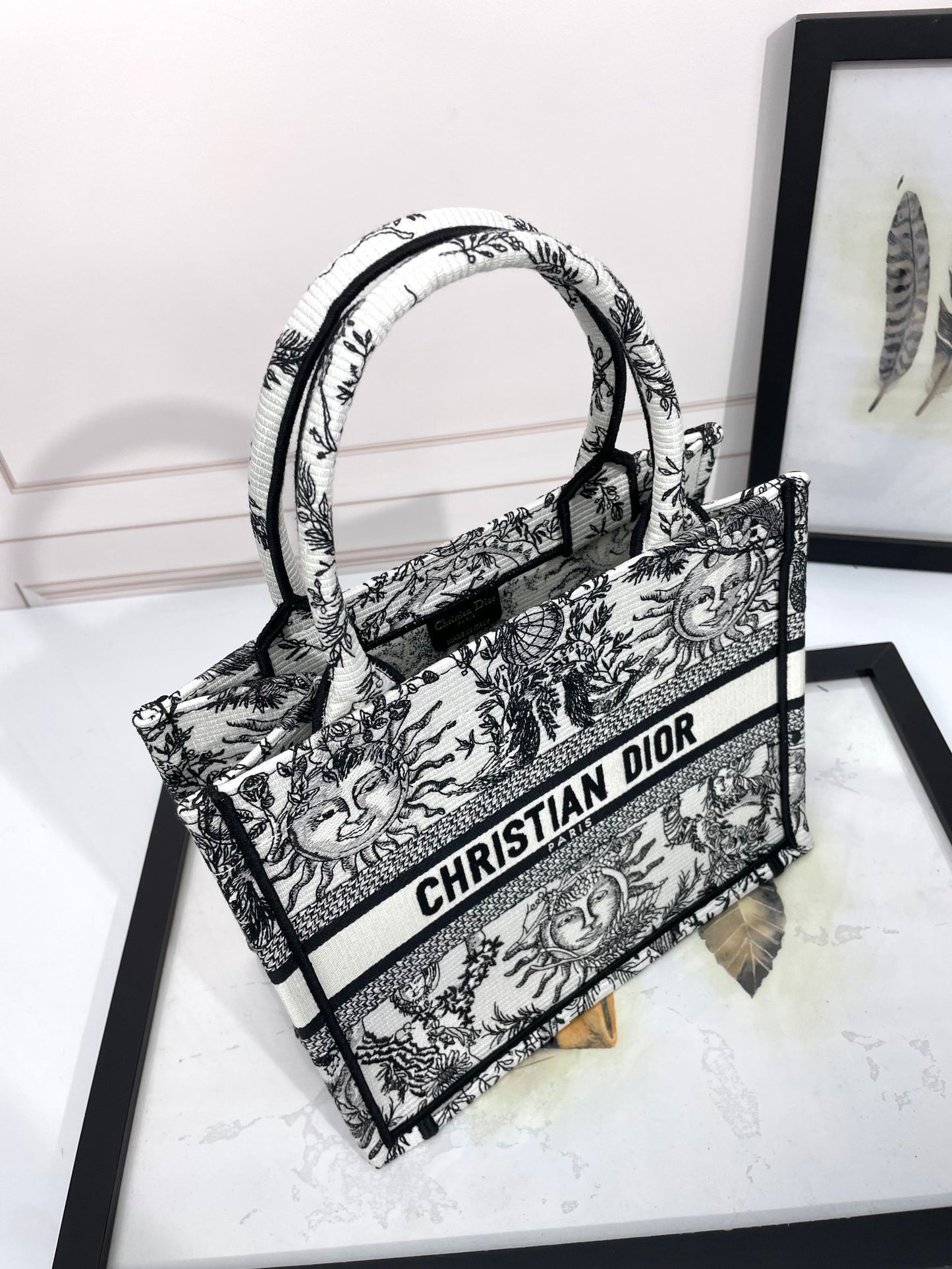 Christian Dior Large Book Tote White and Black Zodiac Embroidery