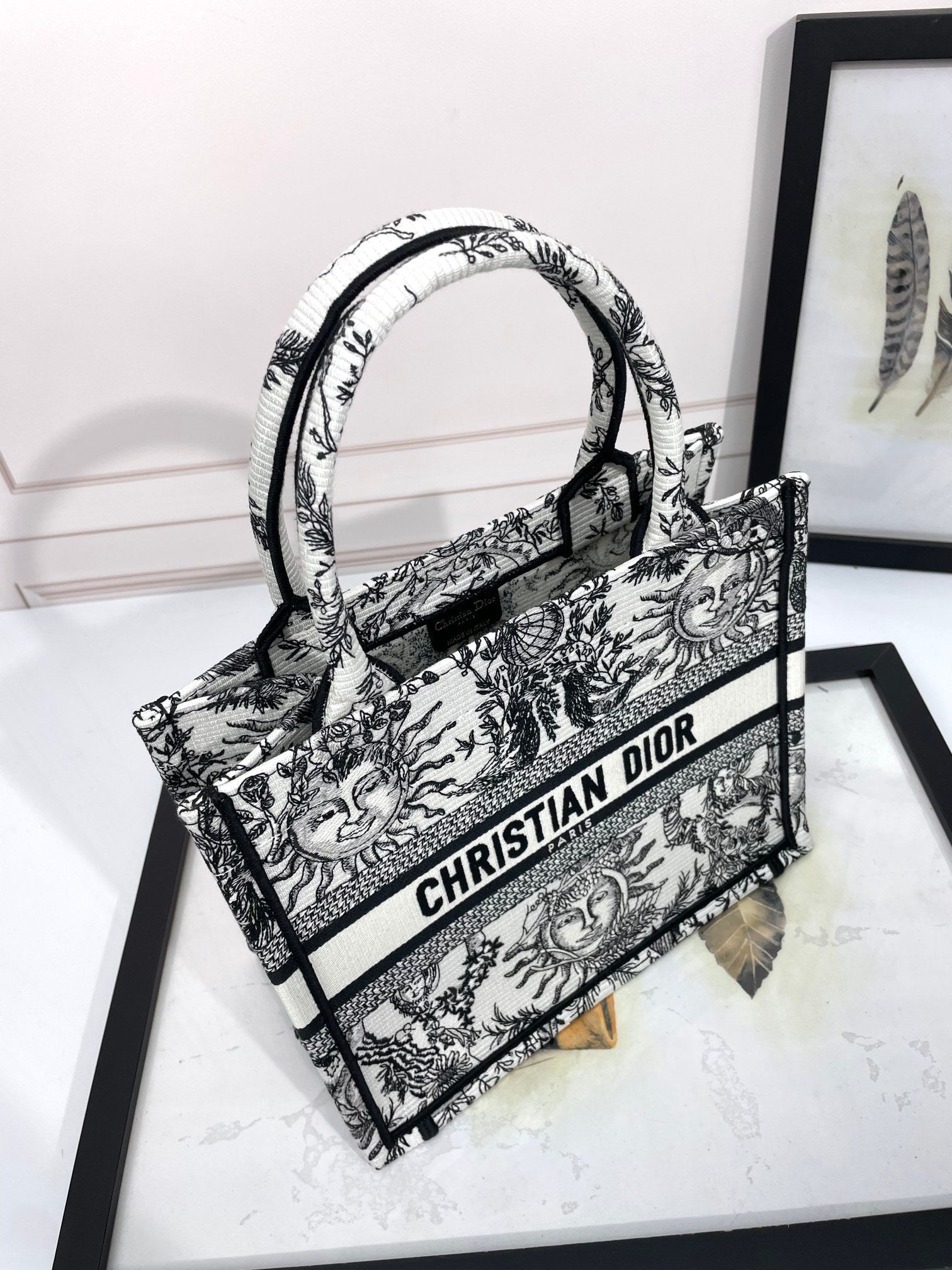 Christian Dior Large Book Tote White and Black Zodiac Embroidery