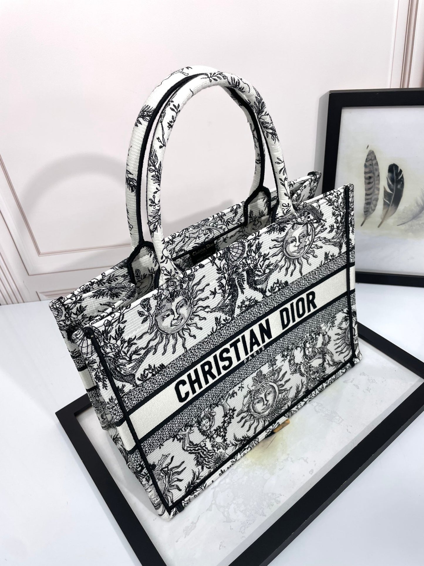 Christian Dior Medium Book Tote Bag - Black and White Sun Embroidered Canvas