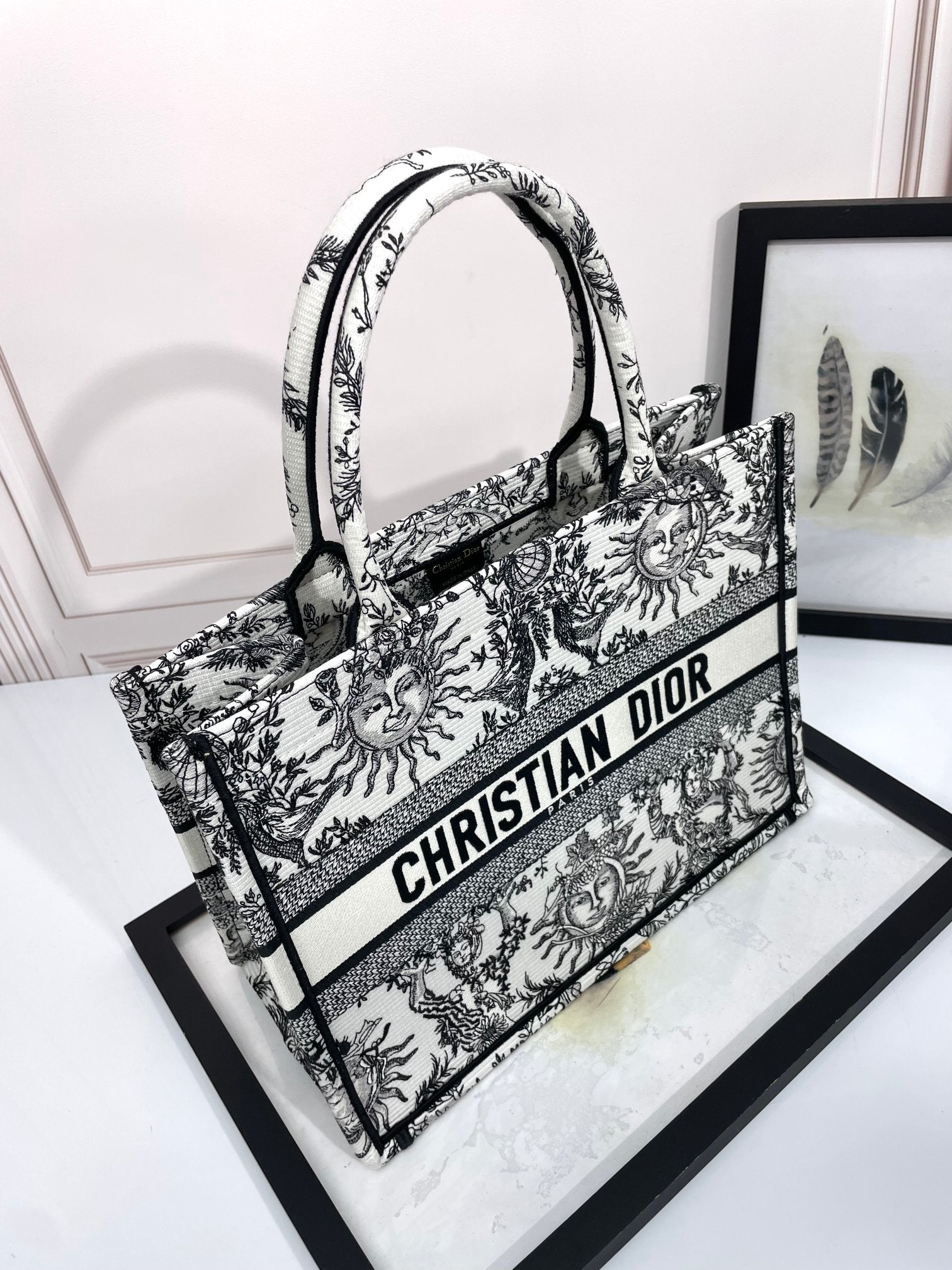 Christian Dior Medium Dior Book Tote - White and Black Zodiac Embroidery