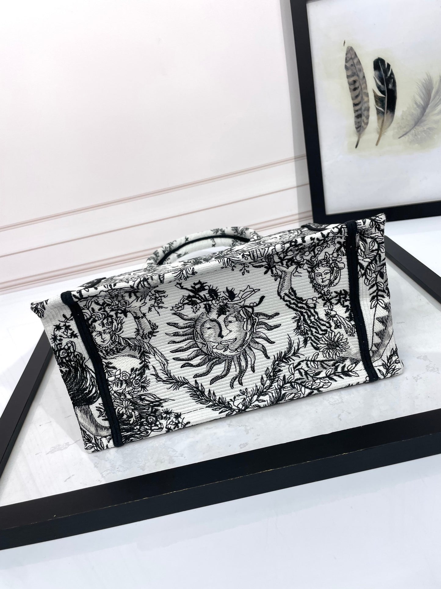 Christian Dior Medium Book Tote Bag - Black and White Sun Embroidered Canvas