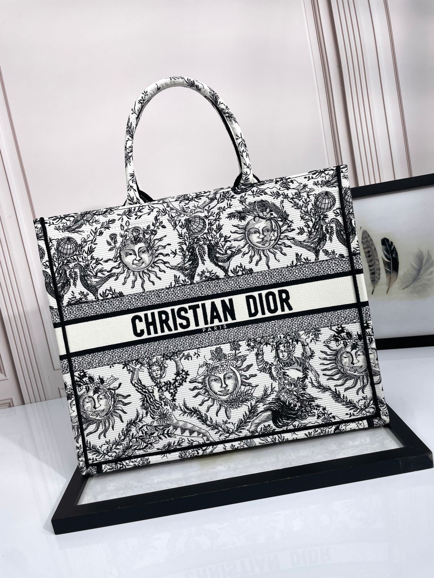 Christian Dior Medium Book Tote - Black and White Toile de Jouy Soleil Canvas