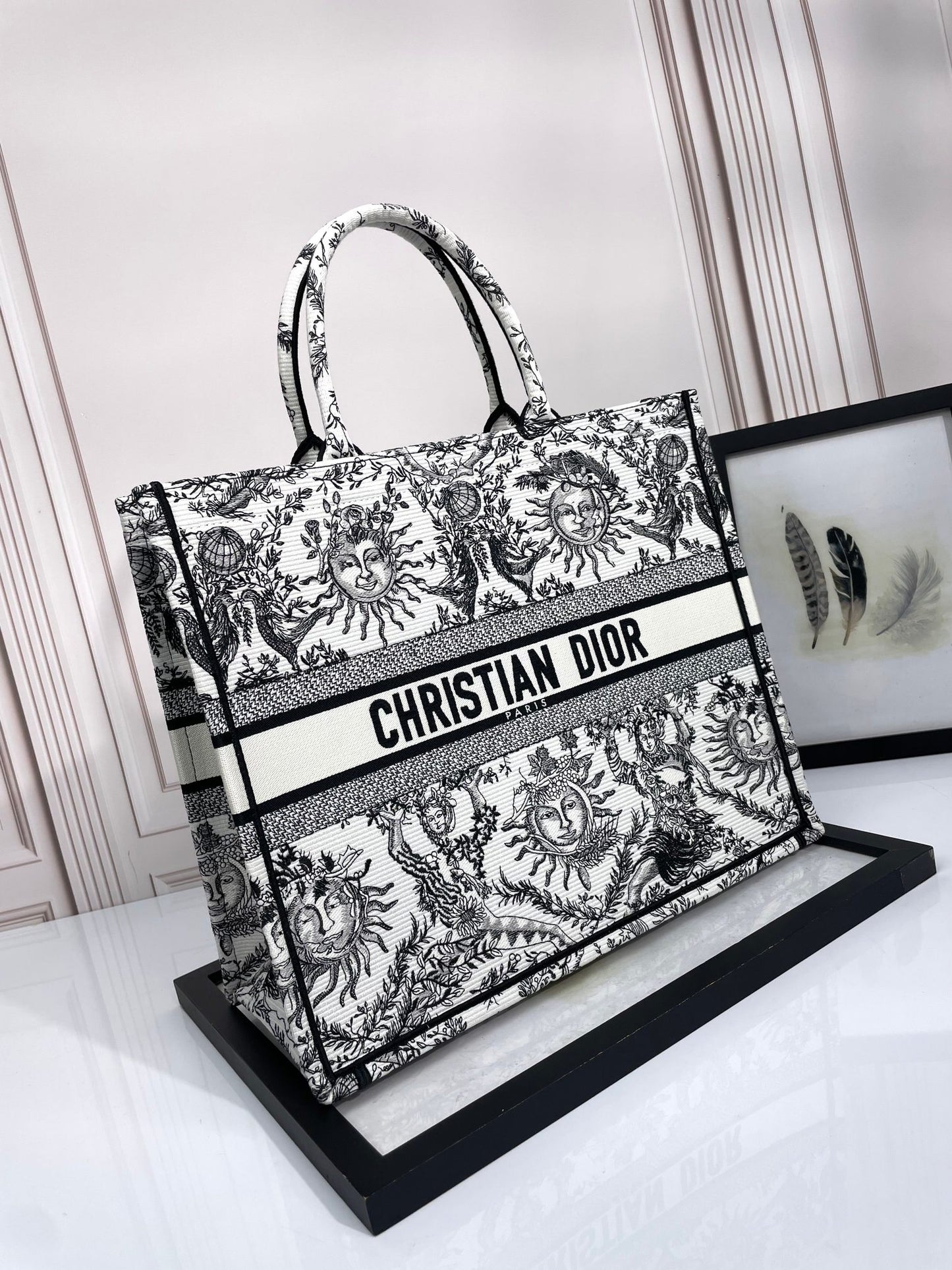 Christian Dior Large Book Tote Black and White Zodiac Embroidery