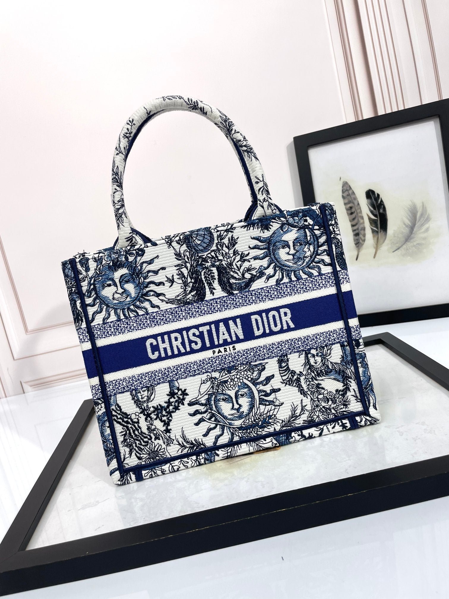 Christian Dior Small Book Tote with Blue and White Sun Motif