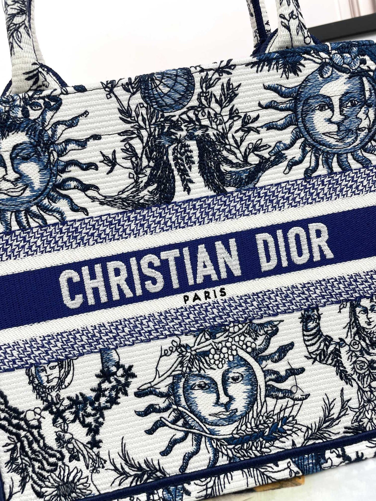 Christian Dior Small Book Tote with Blue and White Sun Motif