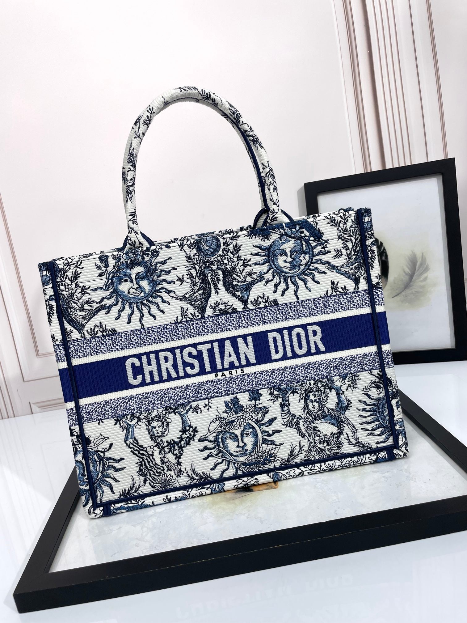 Christian Dior Medium Book Tote Bag with Blue Sun Embroidery