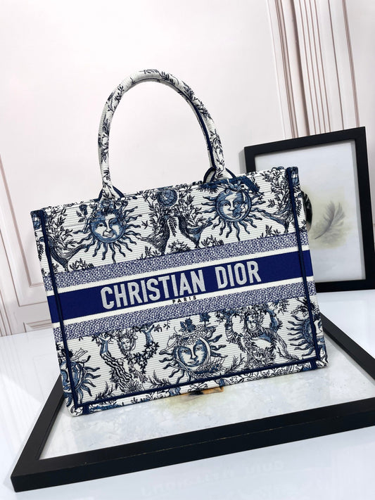 Christian Dior Large Book Tote - Toile de Jouy Soleil Blue and White Embroidery