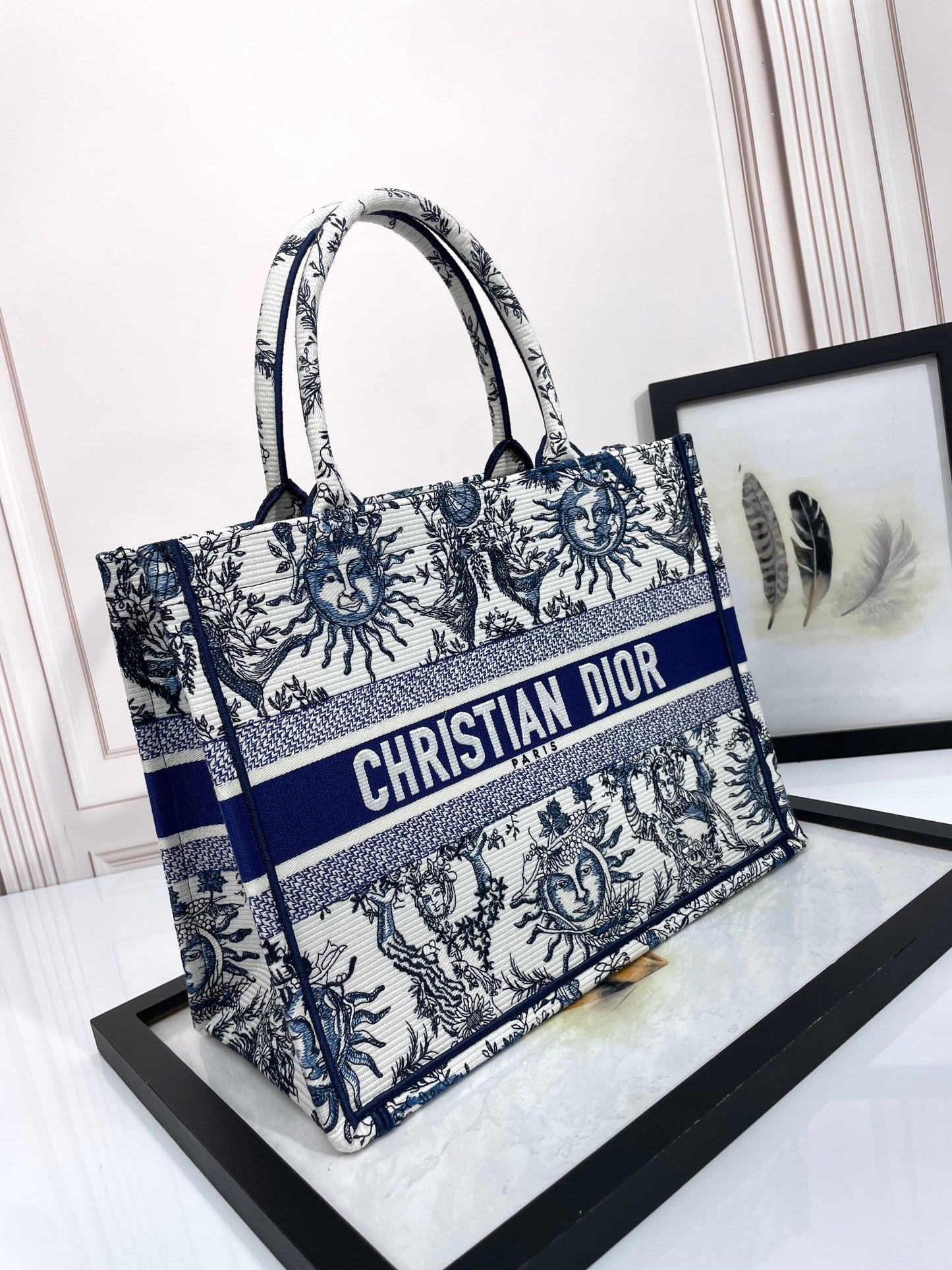 Christian Dior Medium Book Tote Bag with Blue Sun Embroidery