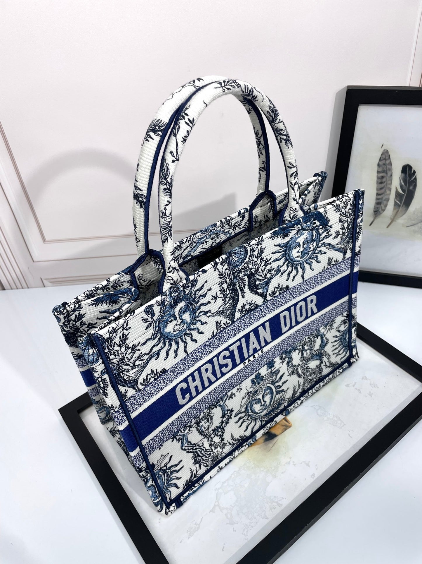 Christian Dior Medium Book Tote Bag with Blue Sun Embroidery