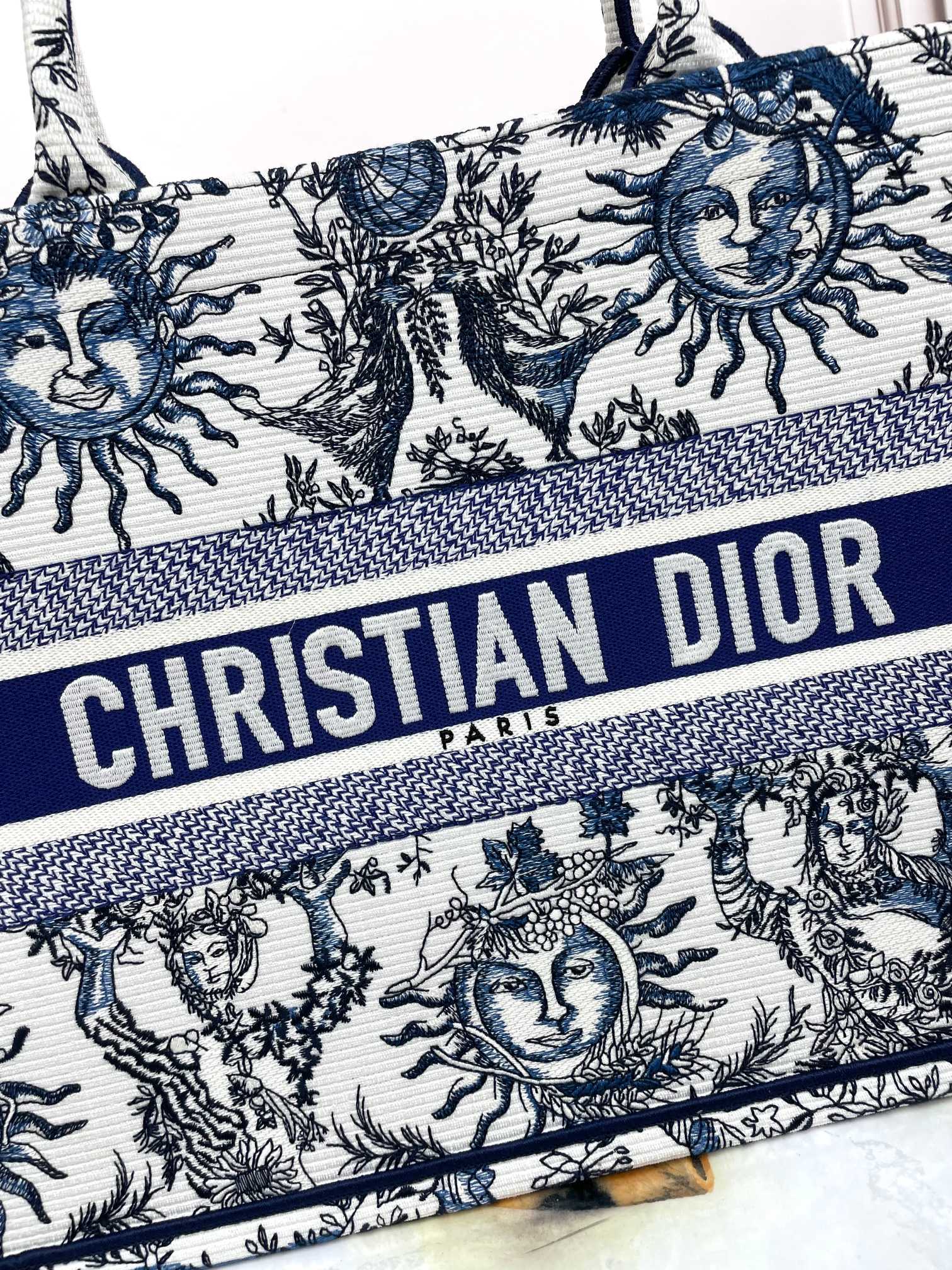 Christian Dior Medium Book Tote Bag with Blue Sun Embroidery