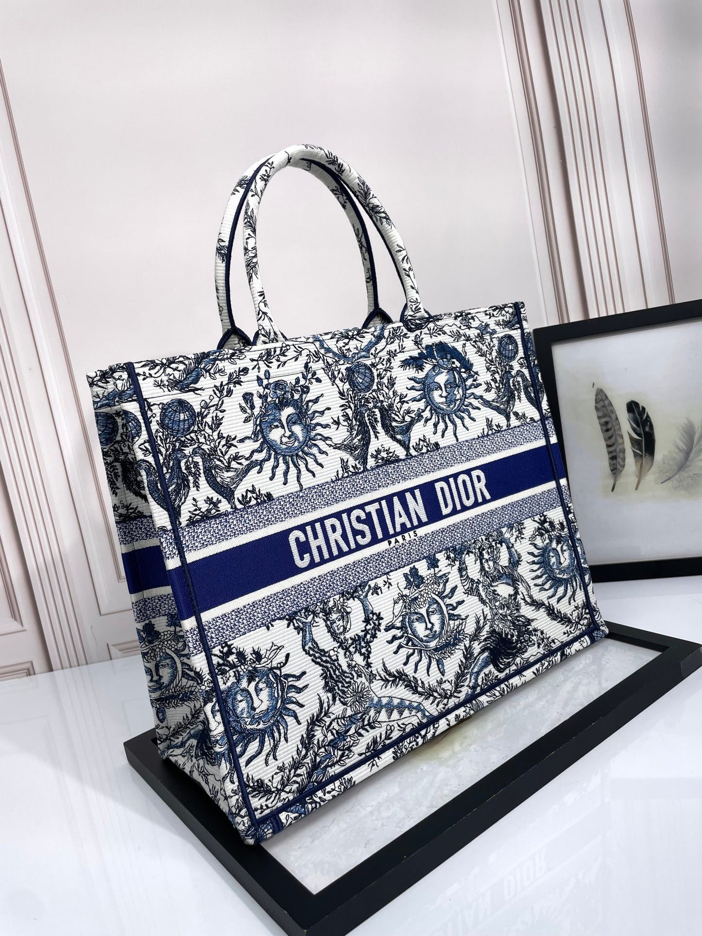 Christian Dior Large Book Tote Blue and White Celestial Zodiac Embroidered Canvas Handbag