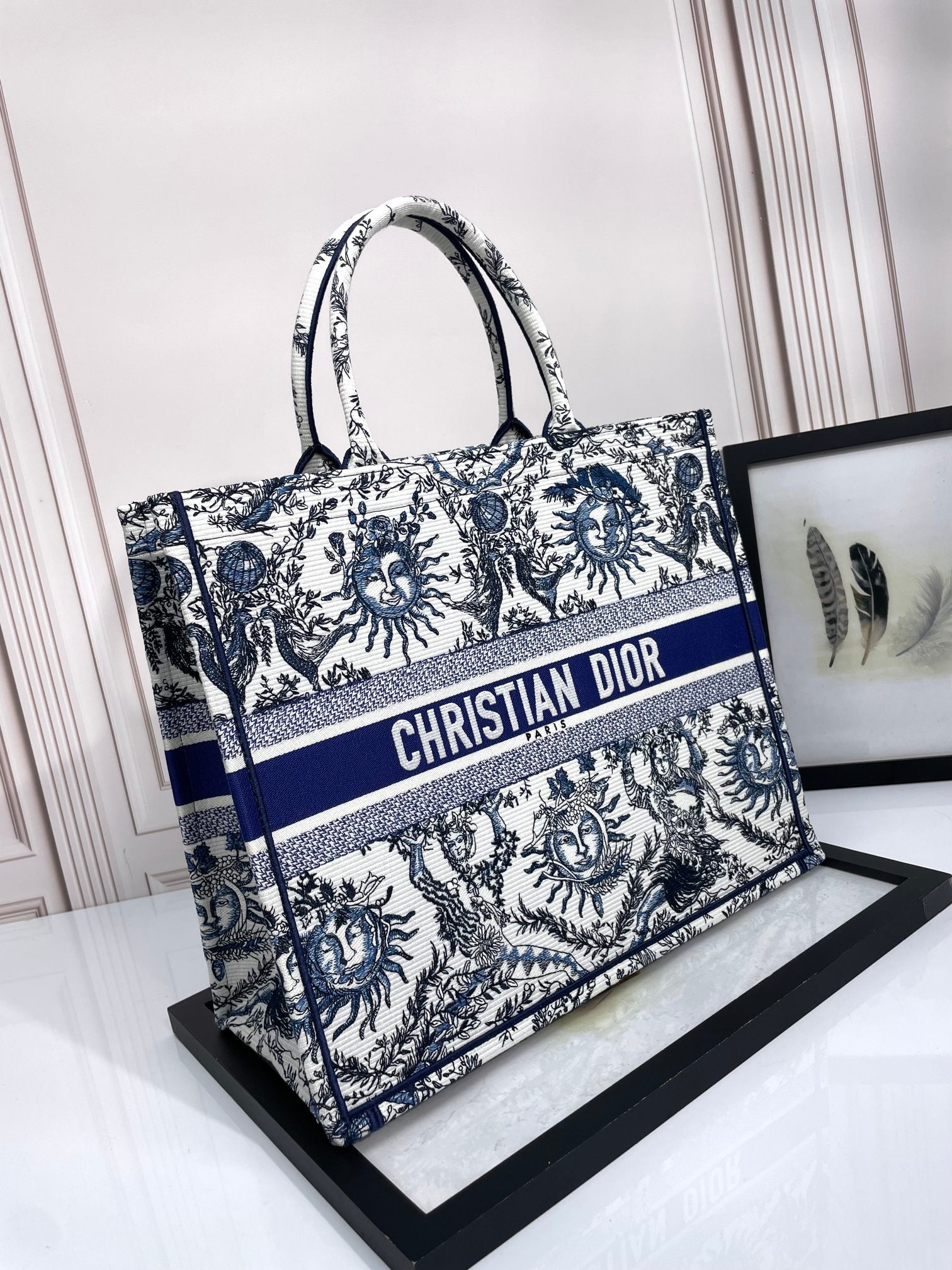 Christian Dior Large Book Tote Blue and White Celestial Zodiac Embroidered Canvas Handbag