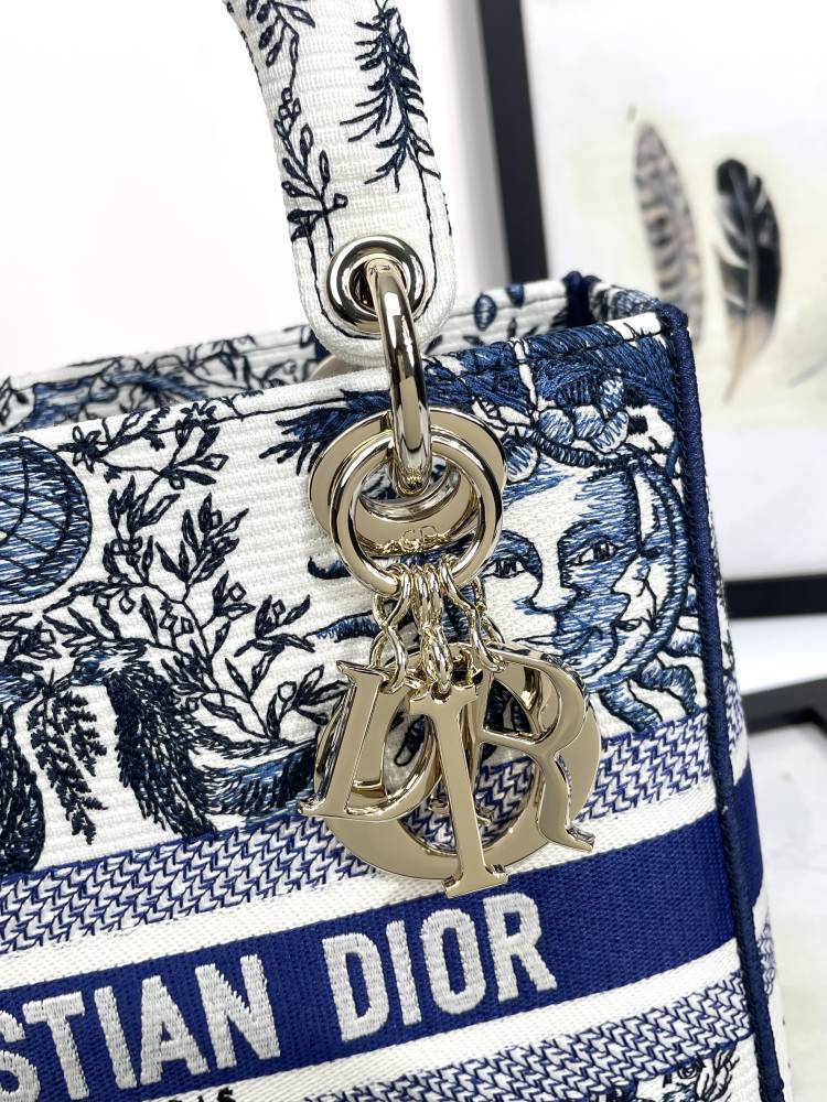 Christian Dior Medium Lady D-Lite Bag - Blue & White Toile de Jouy Zodiac Embroidery