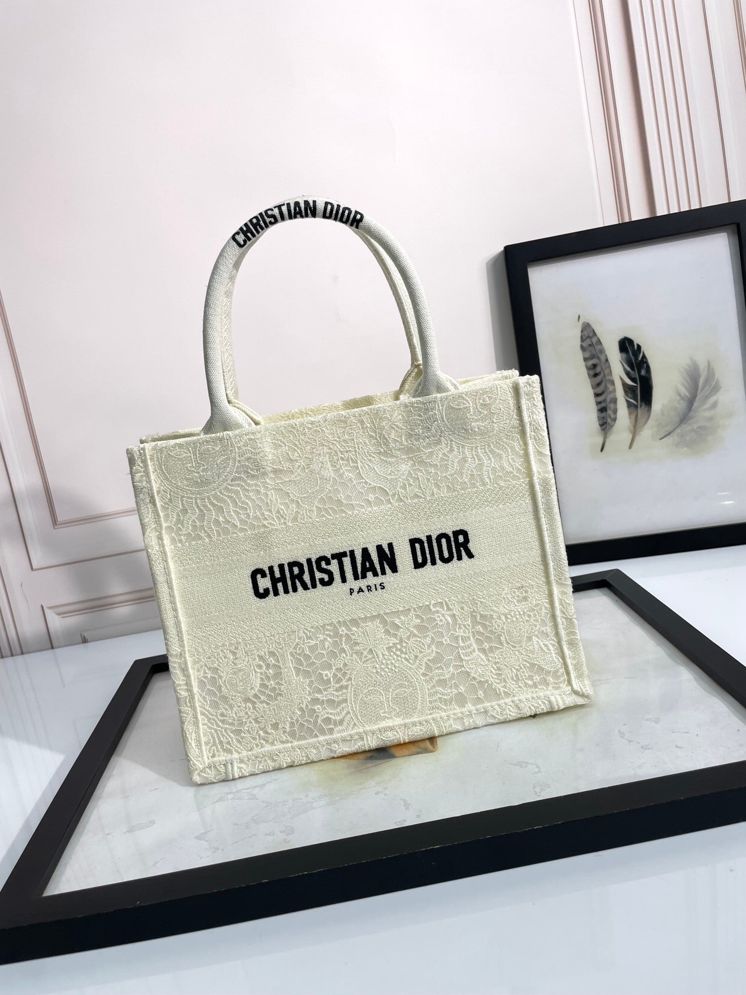 Christian Dior Book Tote Bag - White/Beige Embroidered Canvas Designer Handbag