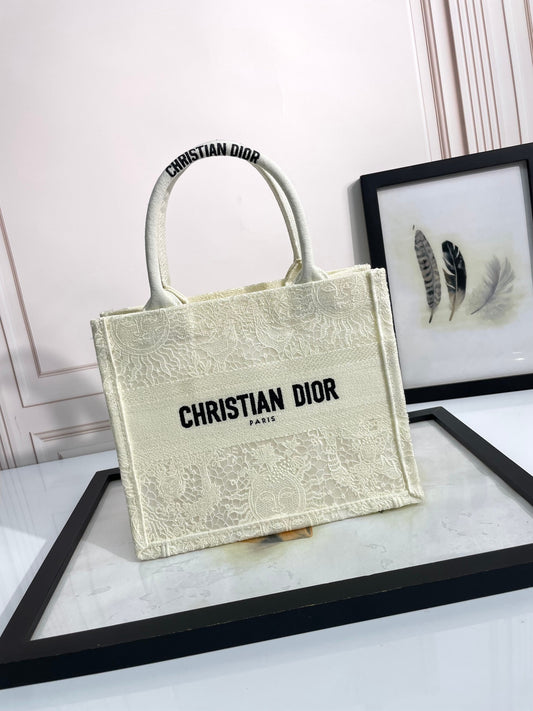 Christian Dior Book Tote Bag - White/Beige Embroidered Canvas Designer Handbag