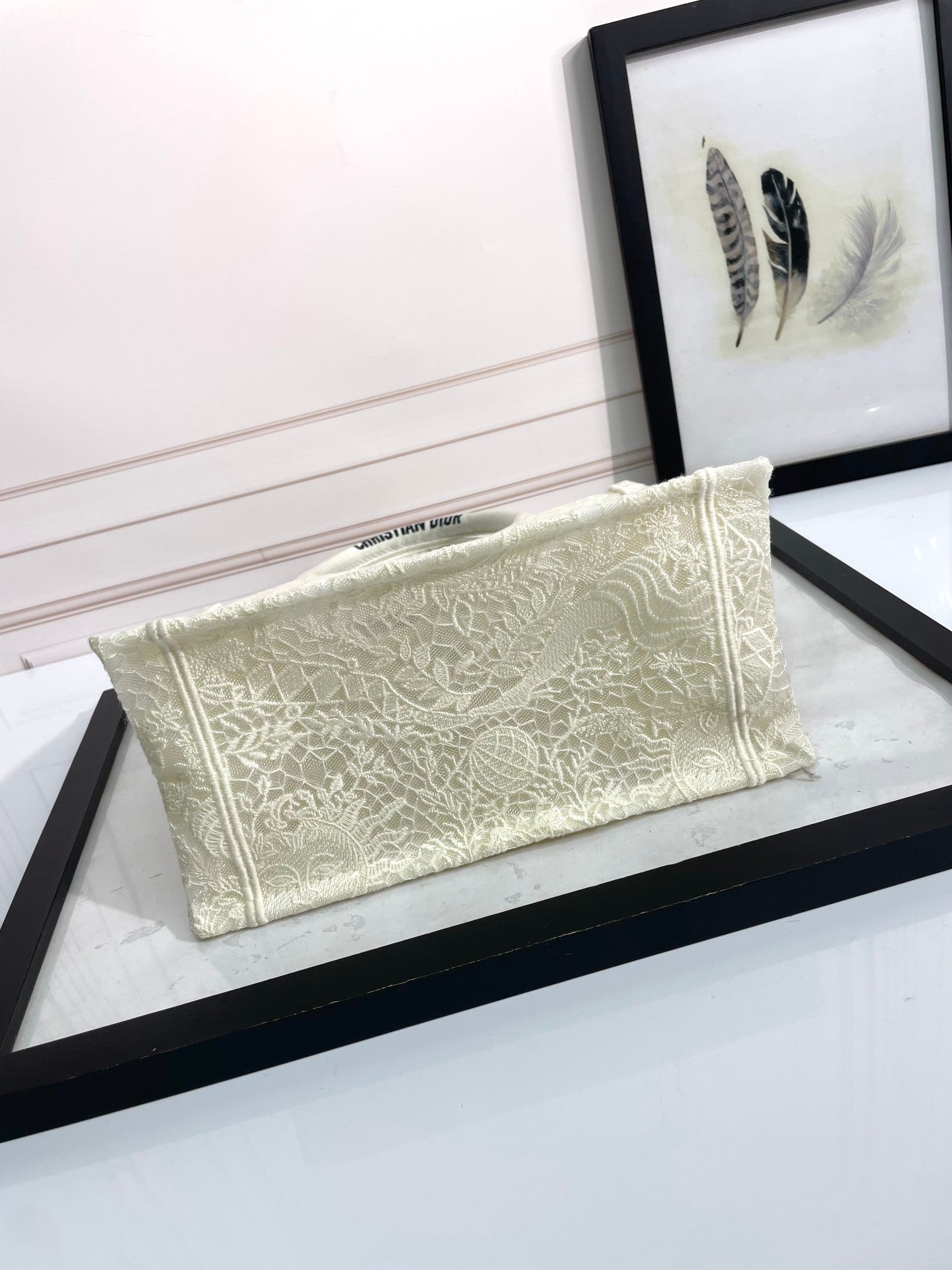 Dior Elegant Cream Floral Embroidered Canvas Handheld Tote Bag