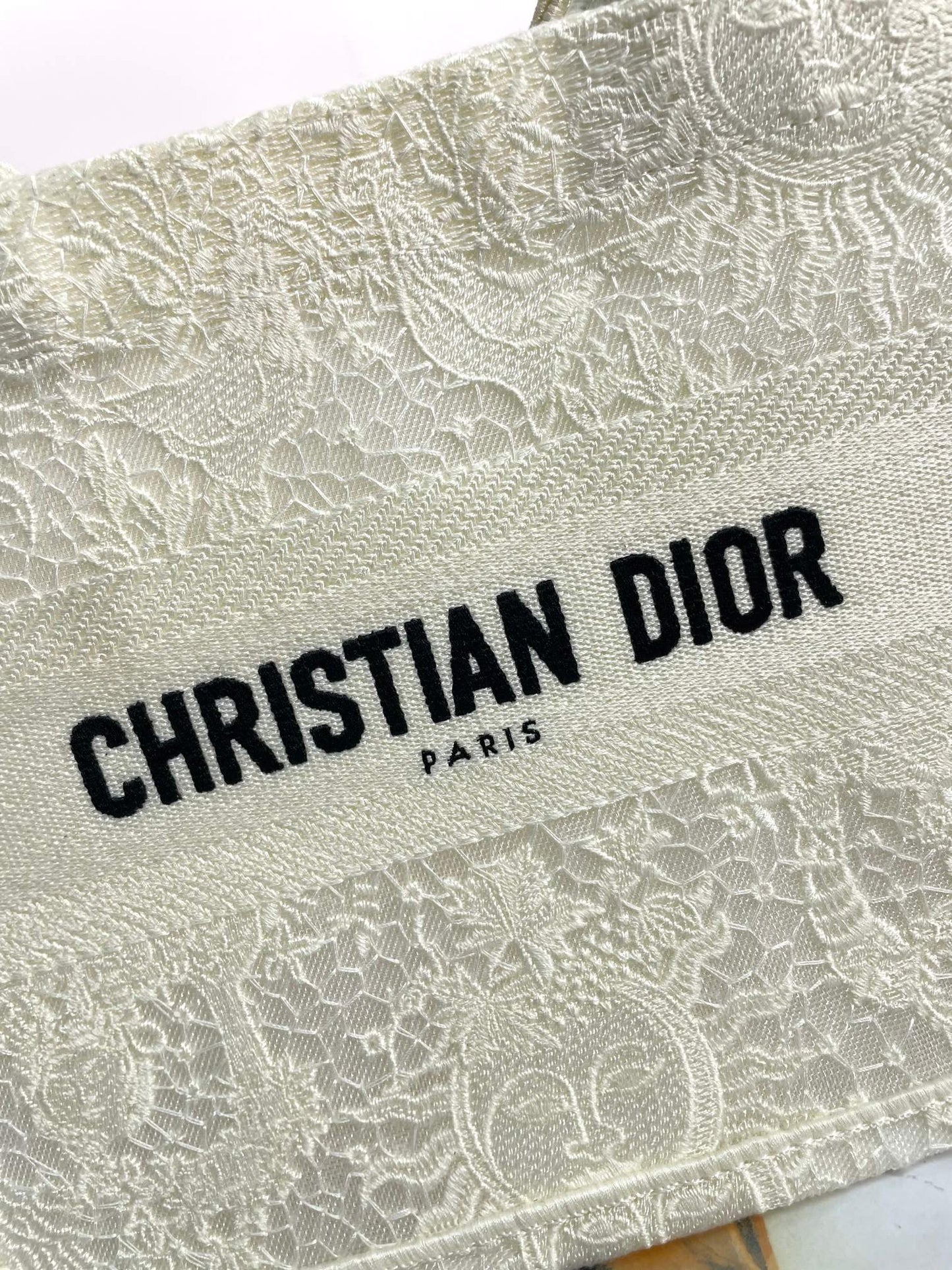 Christian Dior Book Tote Bag - White/Beige Embroidered Canvas Designer Handbag