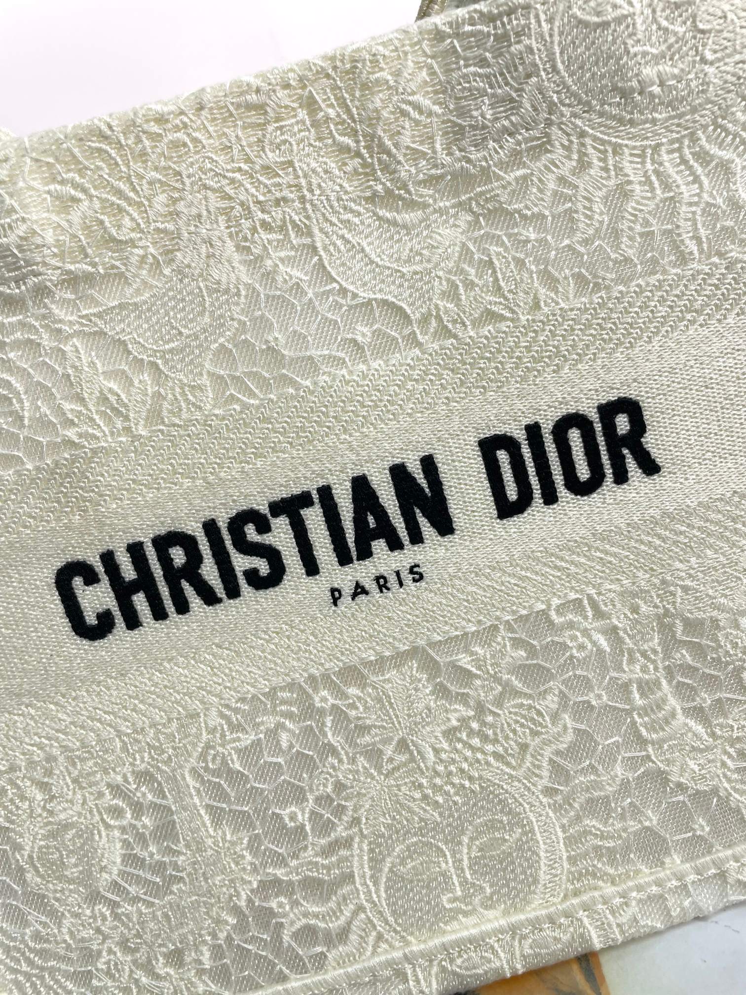 Christian Dior Book Tote Bag - White/Beige Embroidered Canvas Designer Handbag