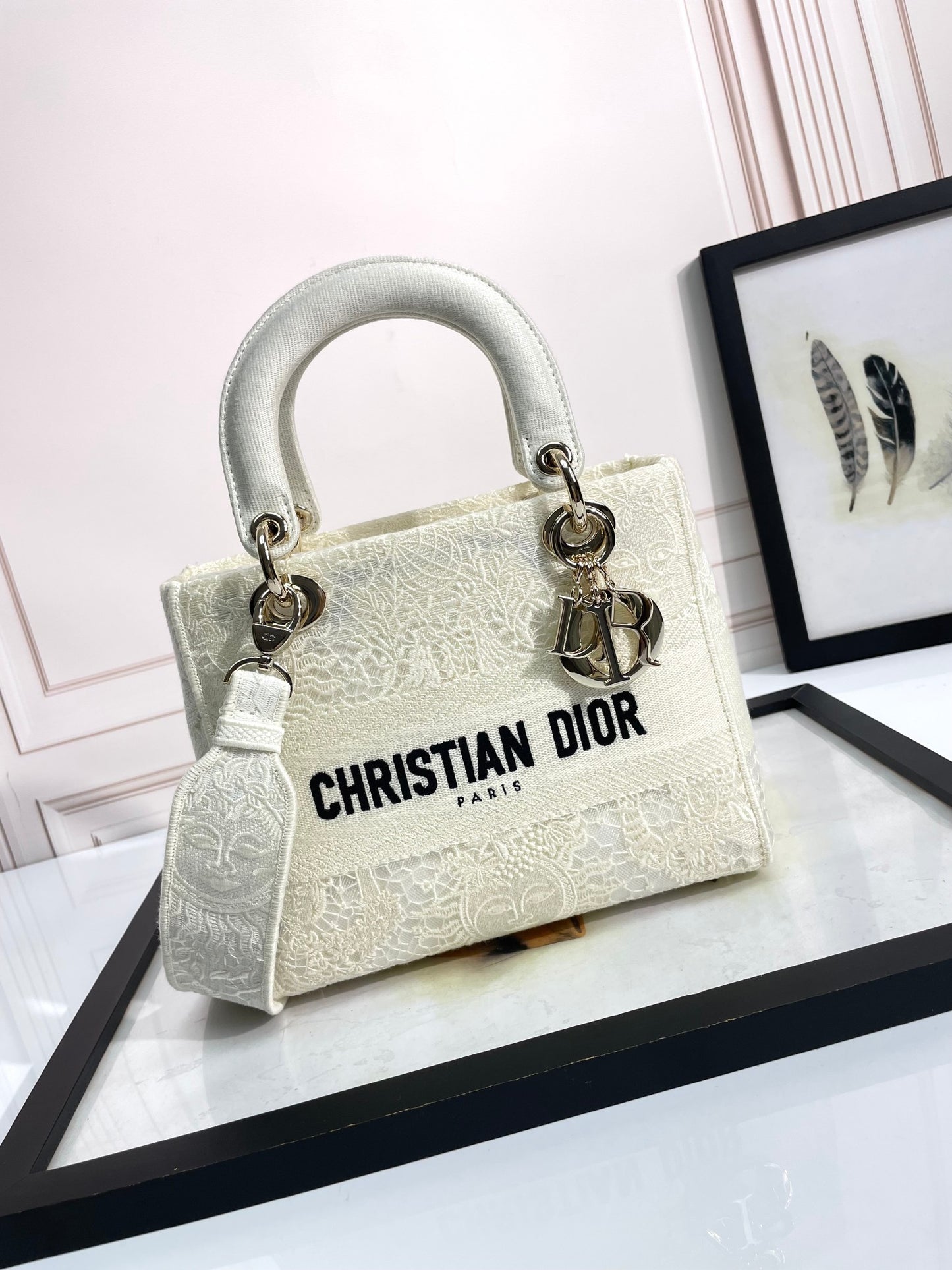 Christian Dior Lady D-Lite Handbag - White Embroidered Canvas