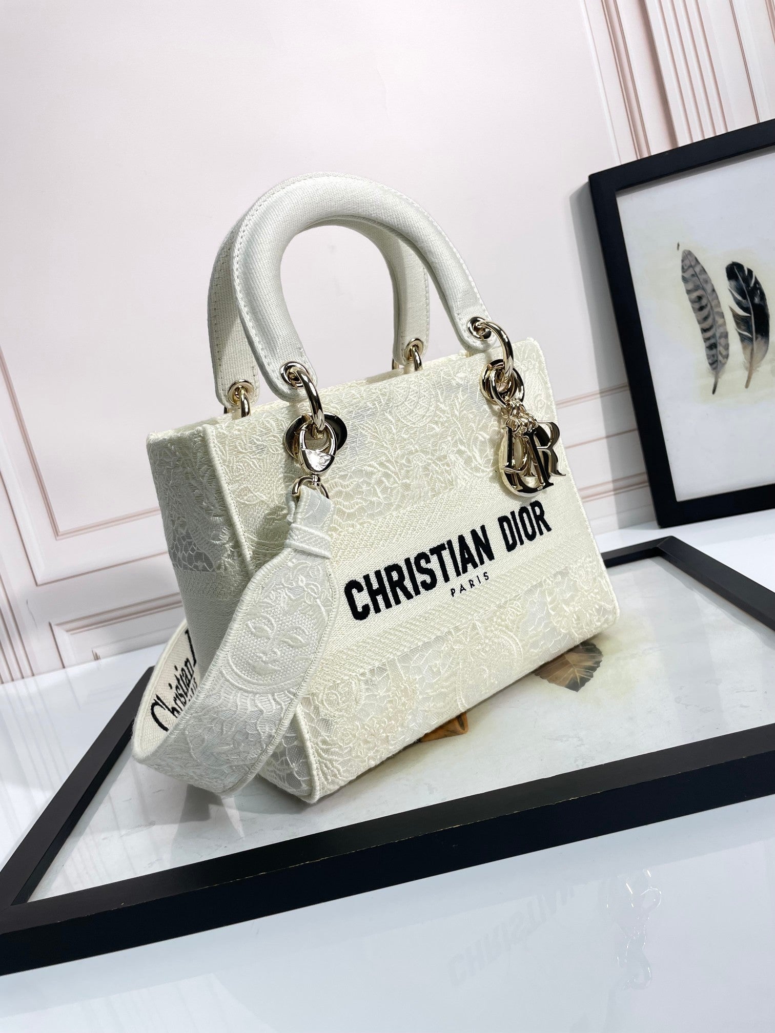 Christian Dior Lady D-Lite Medium Bag - White Embroidered Canvas with Signature Logo