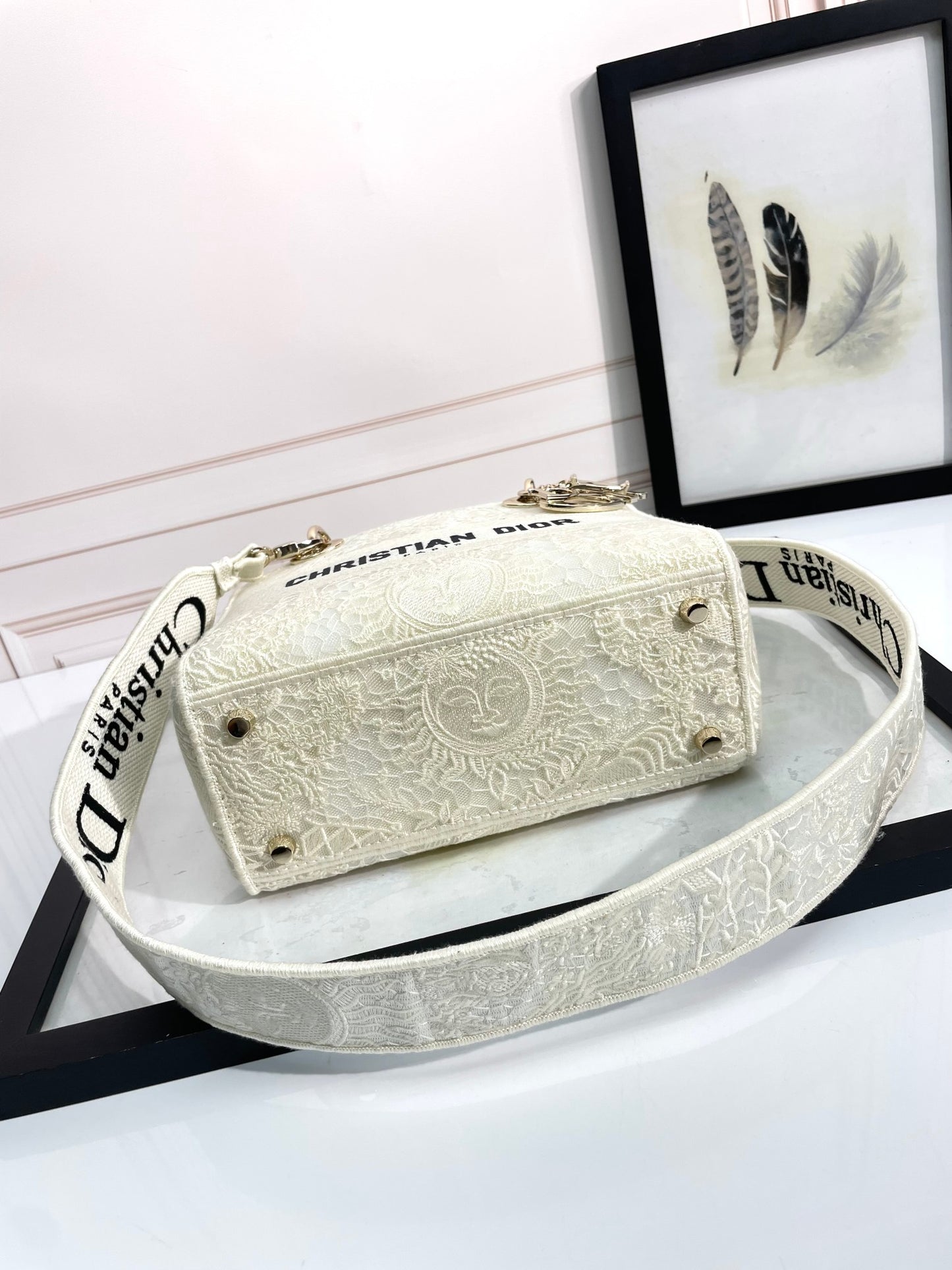 Christian Dior Lady D-Lite Medium Bag - White Embroidered Canvas with Signature Logo