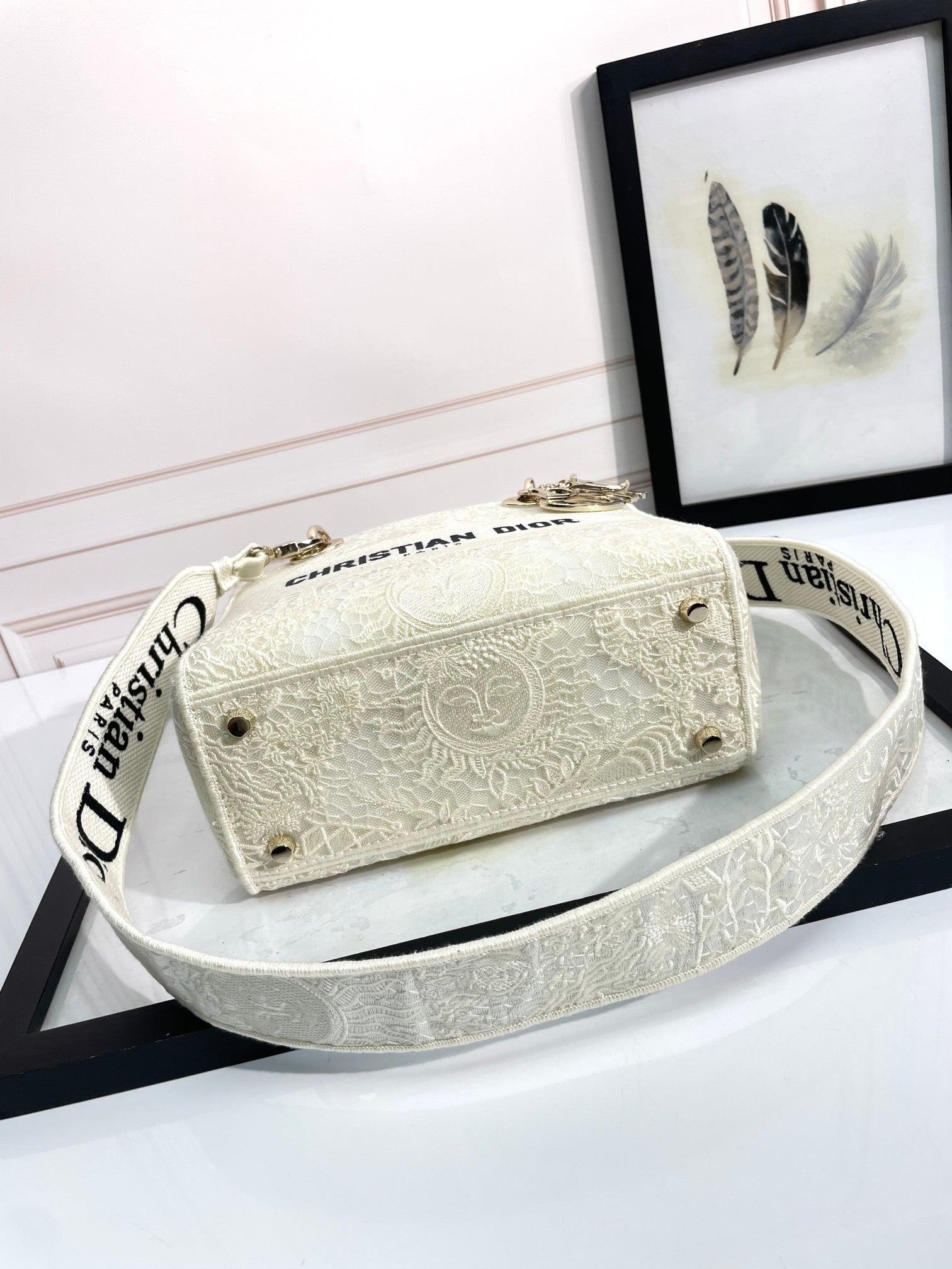 Christian Dior Lady D-Lite Embroidered Handbag - White Luxury Canvas Bag with Shoulder Strap