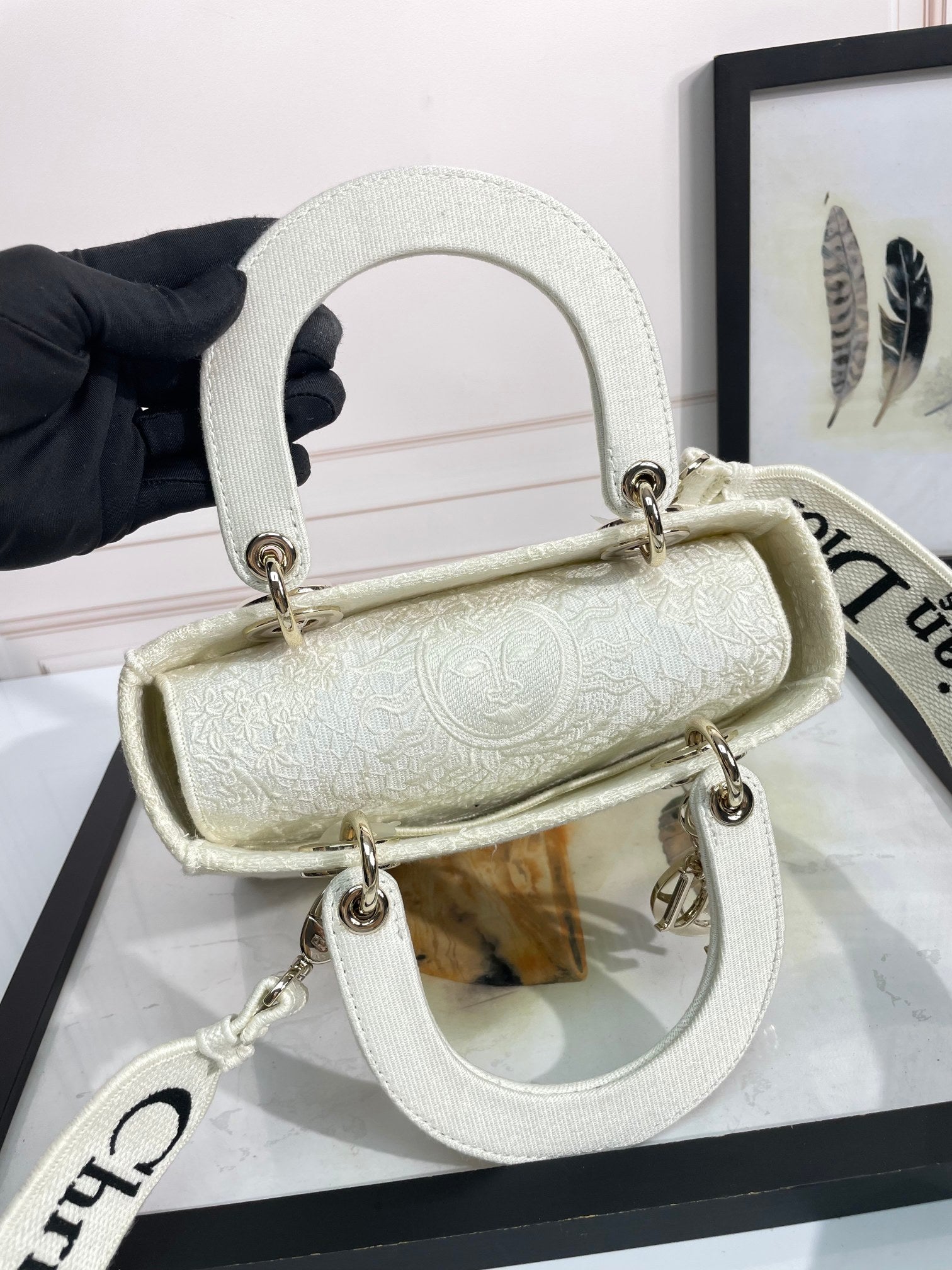 Christian Dior Lady D-Lite Embroidered Handbag - White Luxury Canvas Bag with Shoulder Strap