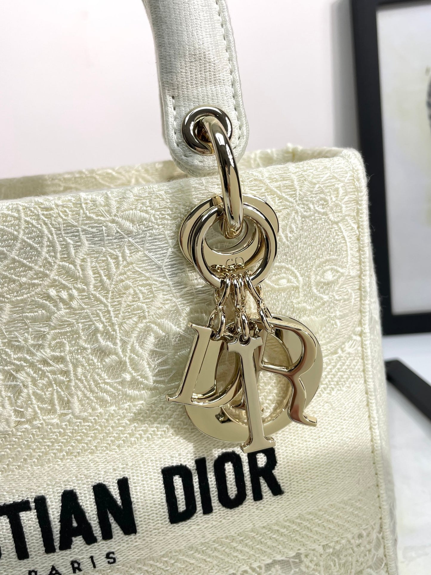 Christian Dior Lady D-Lite Embroidered Handbag - White Luxury Canvas Bag with Shoulder Strap