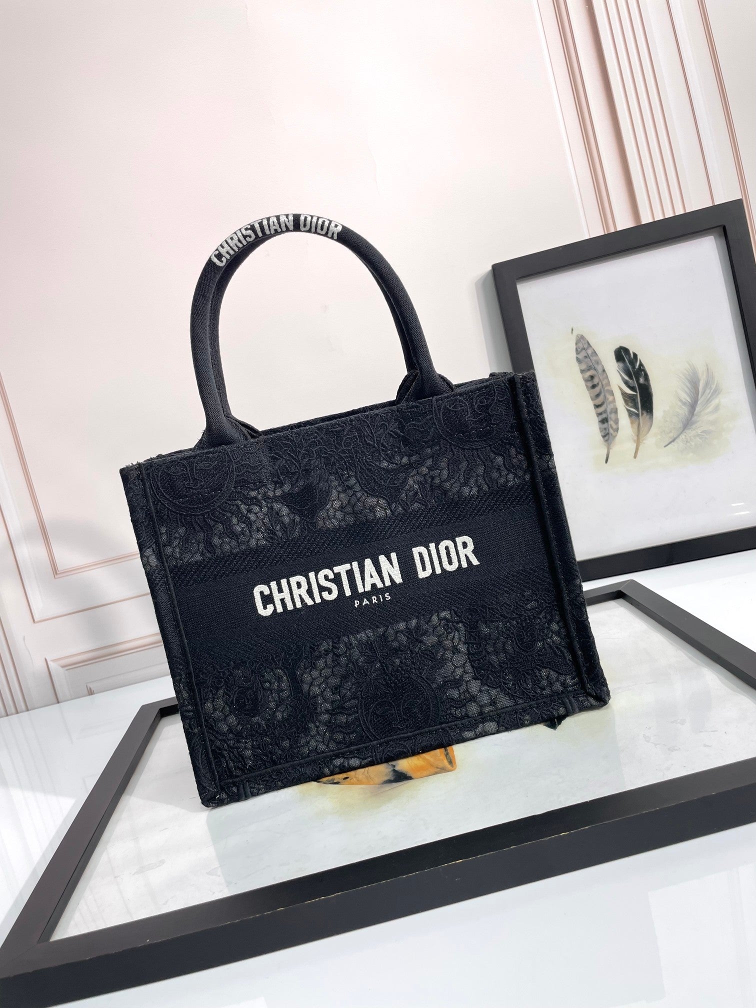 Christian Dior Small Book Tote Bag in Black Embroidered Canvas