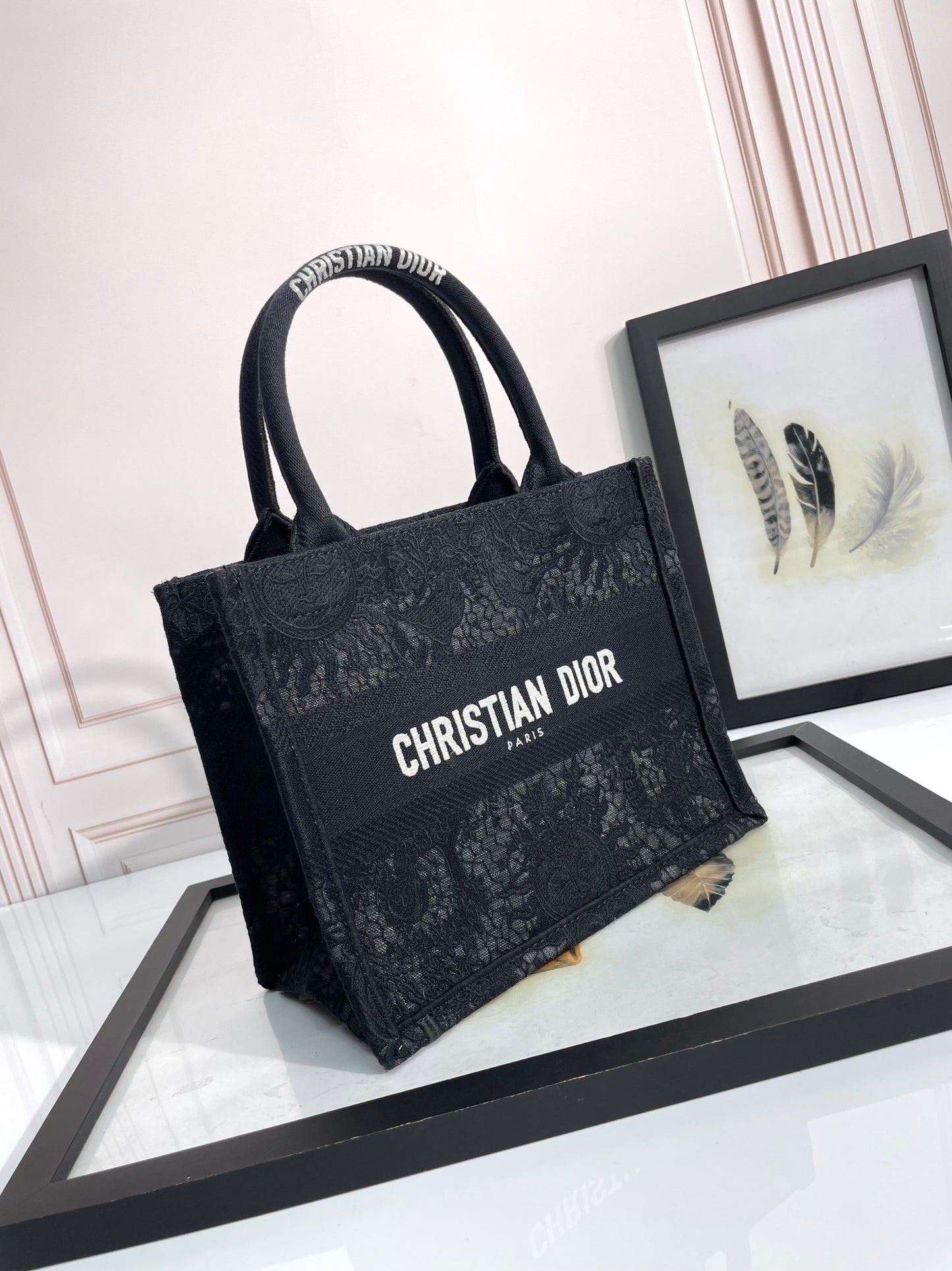 Christian Dior Small Book Tote Bag in Black Embroidered Canvas