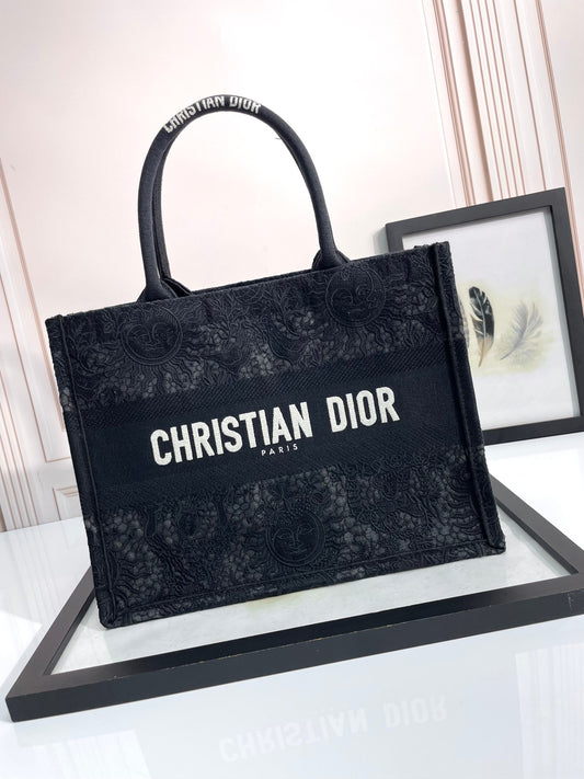 Christian Dior Small Book Tote - Black Embroidered Canvas