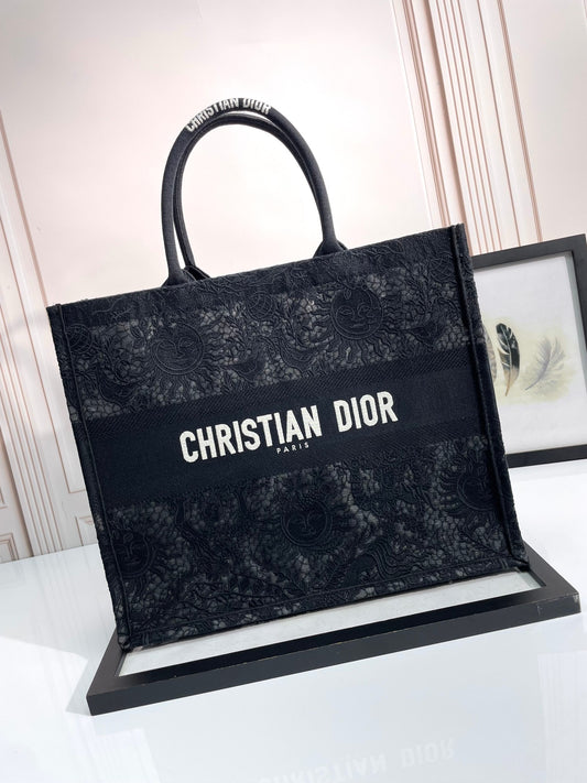 Christian Dior Large Book Tote Bag - Black Embroidered Canvas