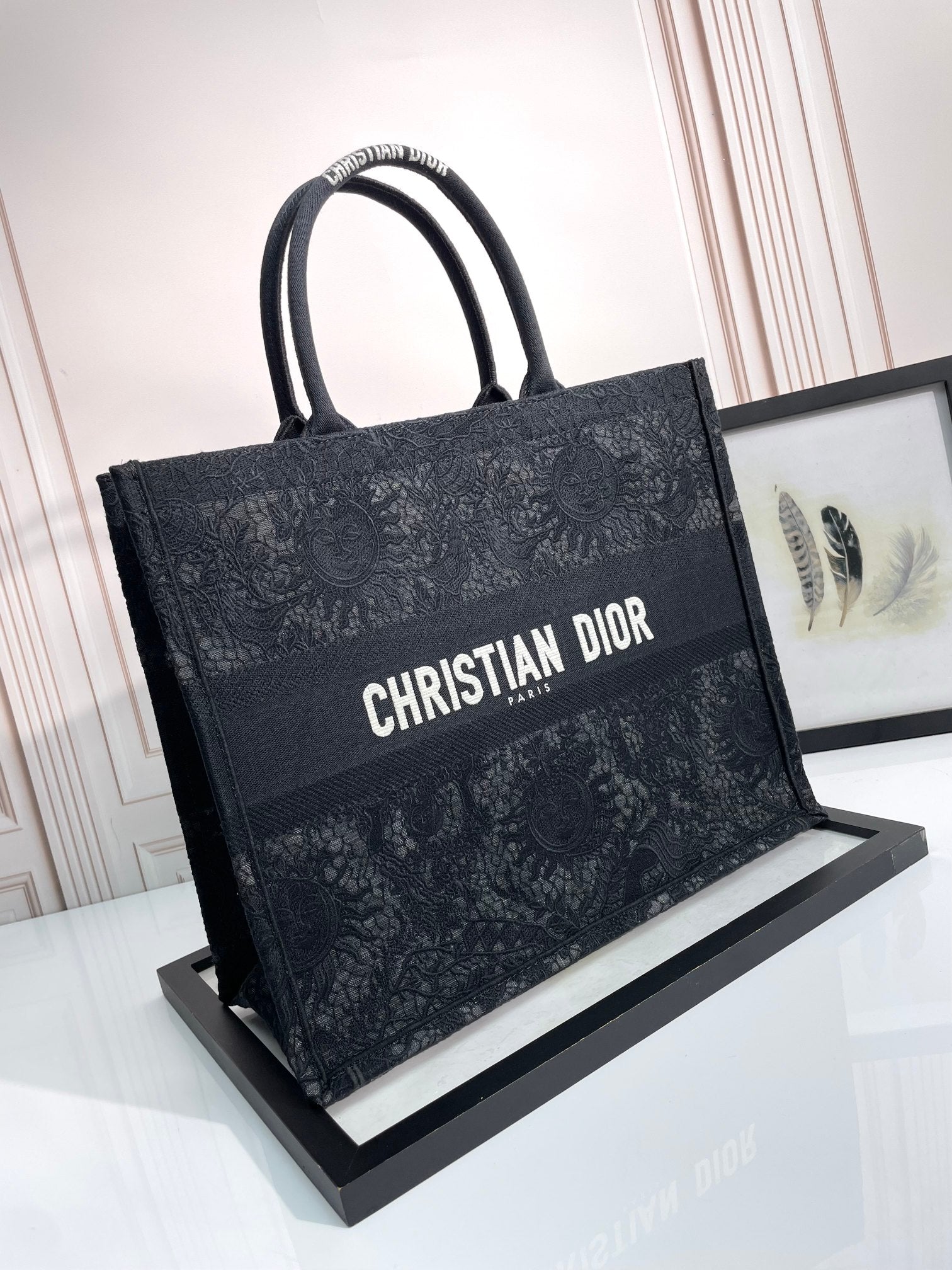 Christian Dior Large Book Tote Bag - Black Embroidered Canvas