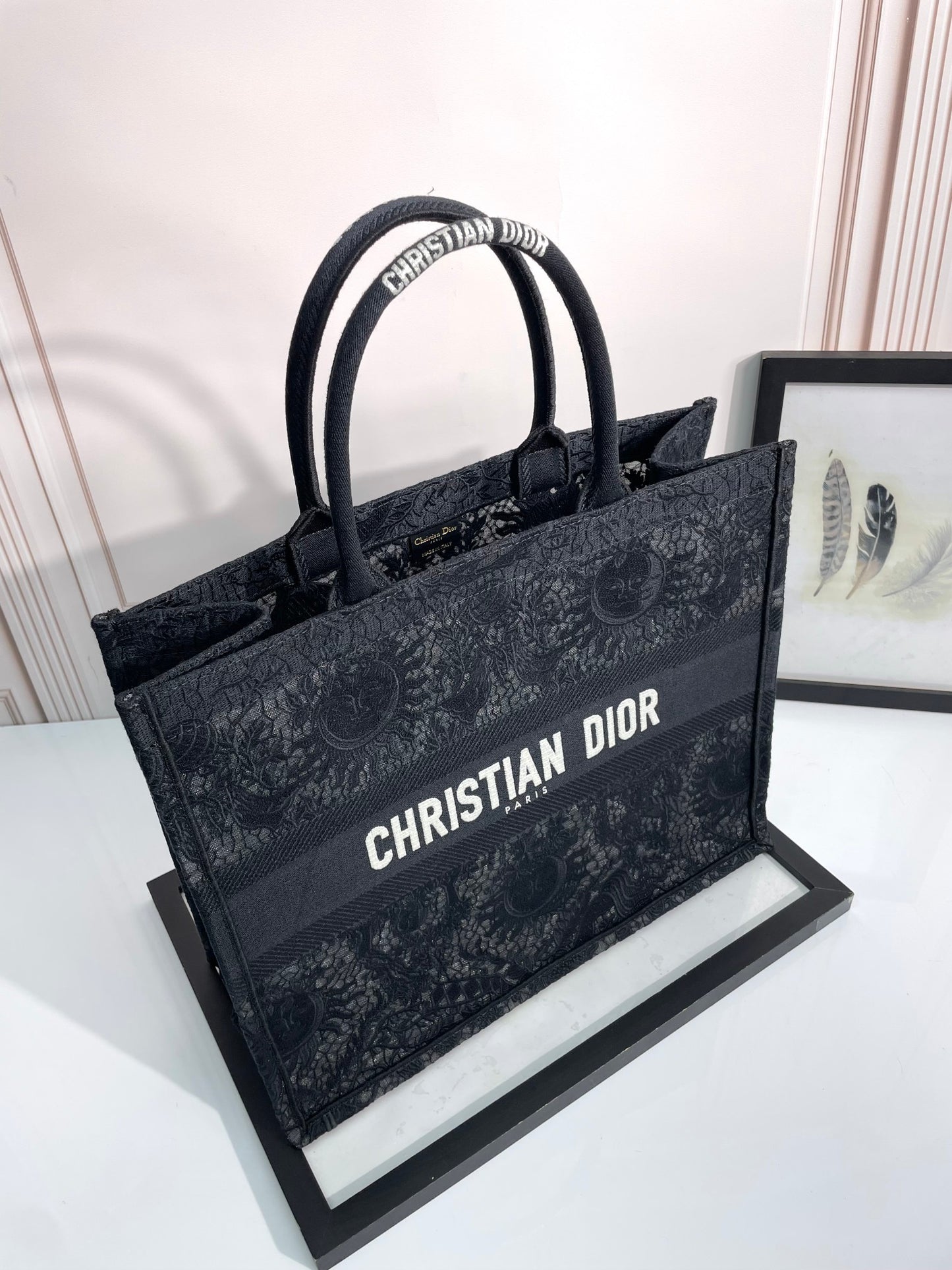 Christian Dior Large Book Tote Bag - Black Embroidered Canvas