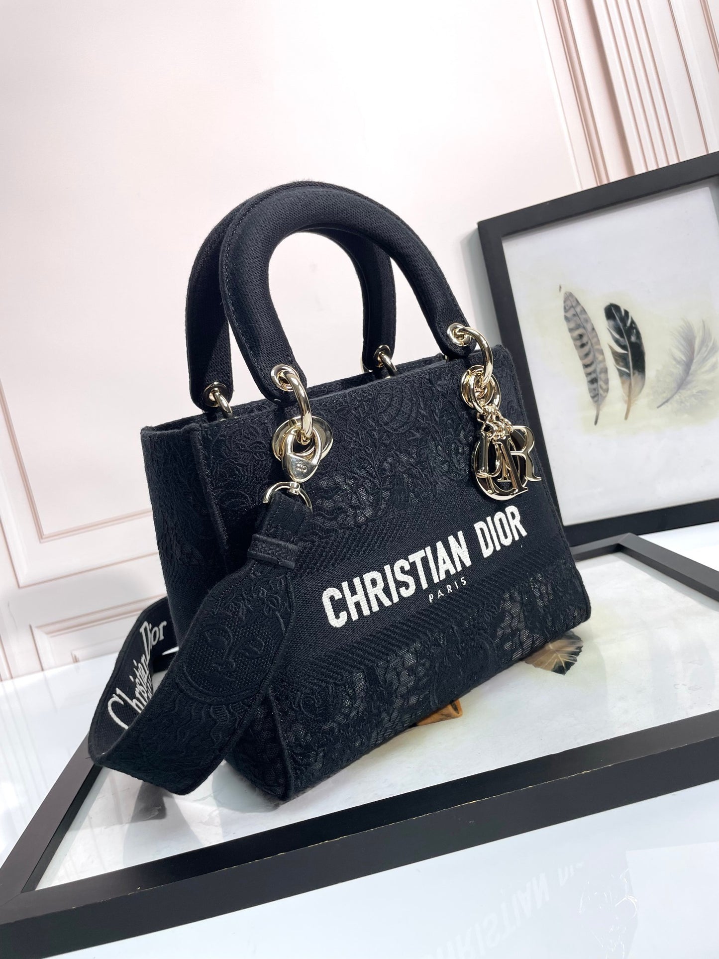 Christian Dior Lady D-Lite Medium Bag Black Cannage Embroidery