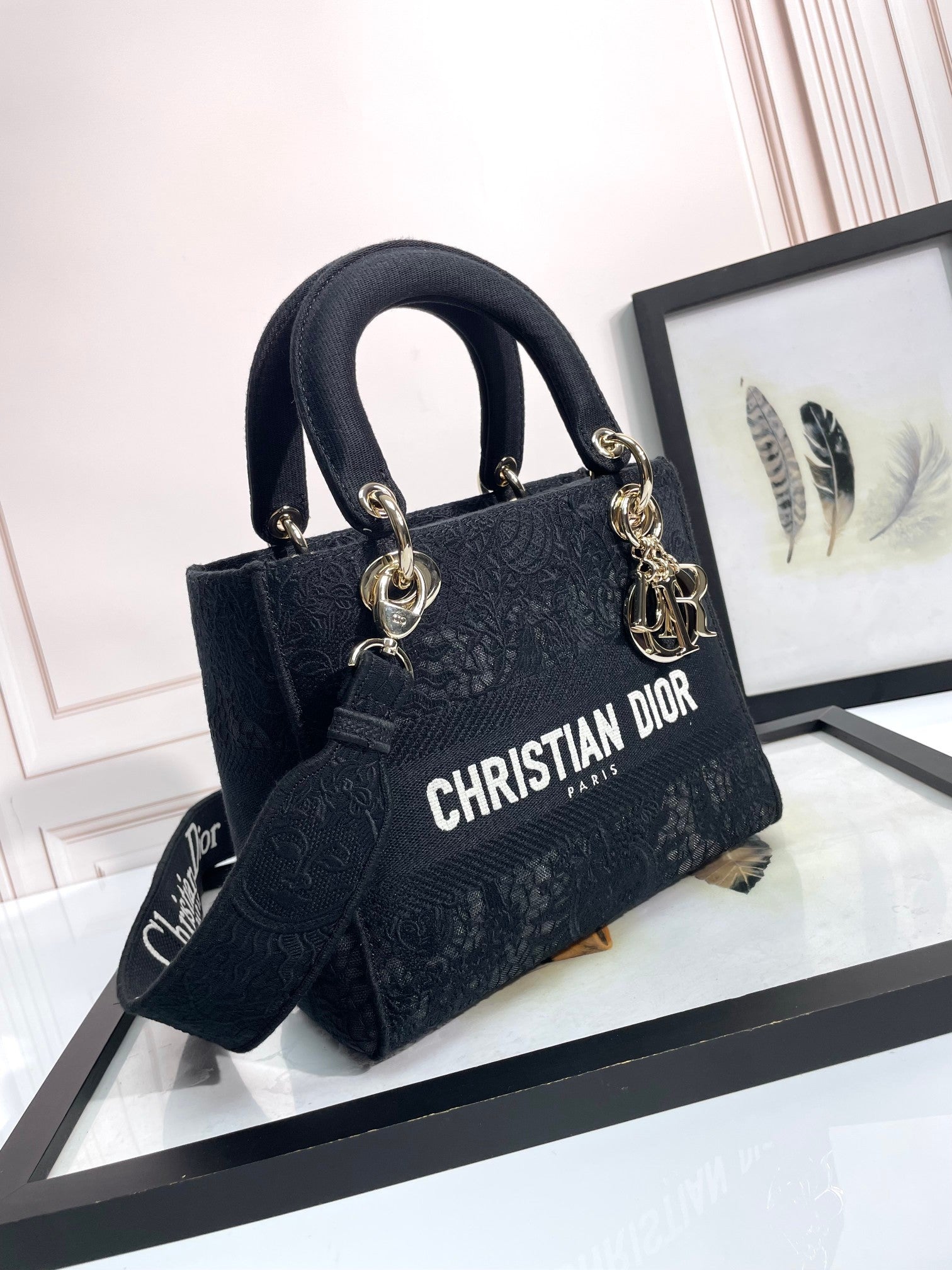 Christian Dior Lady D-Lite Medium Bag Black Cannage Embroidery