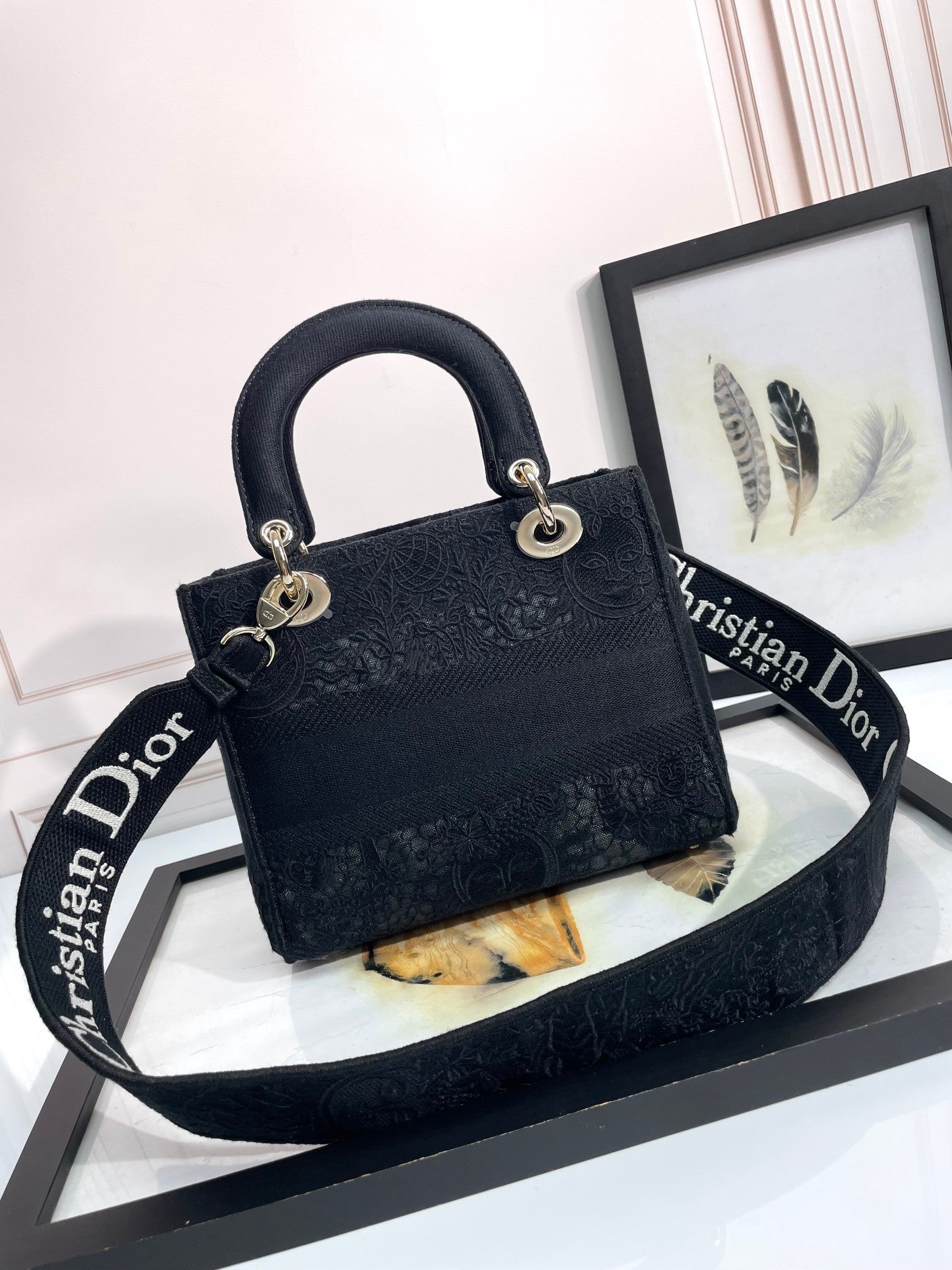 Christian Dior Medium Lady D-Lite Bag in Black Embroidered Canvas