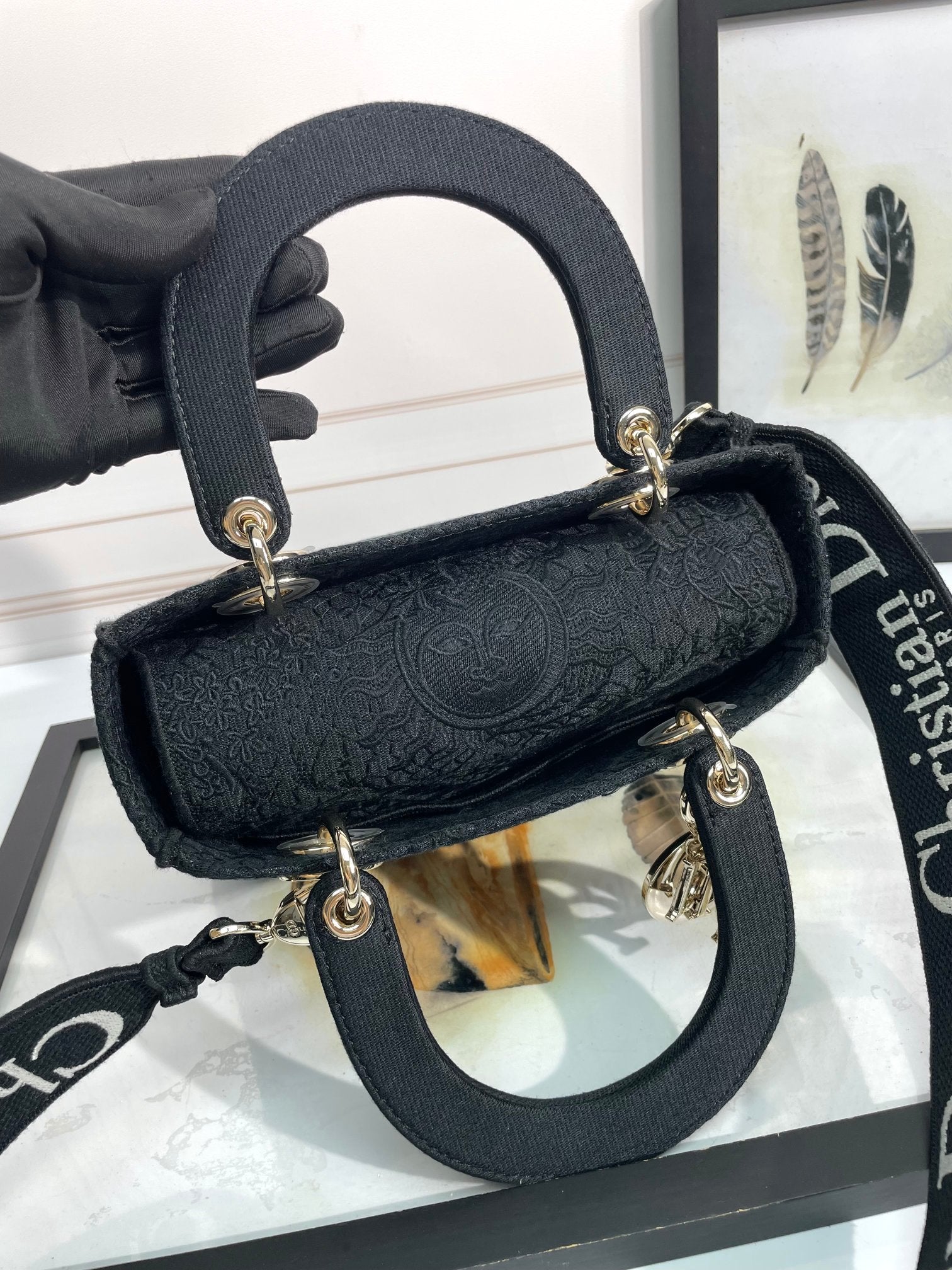 Christian Dior Medium Lady D-Lite Bag in Black Embroidered Canvas