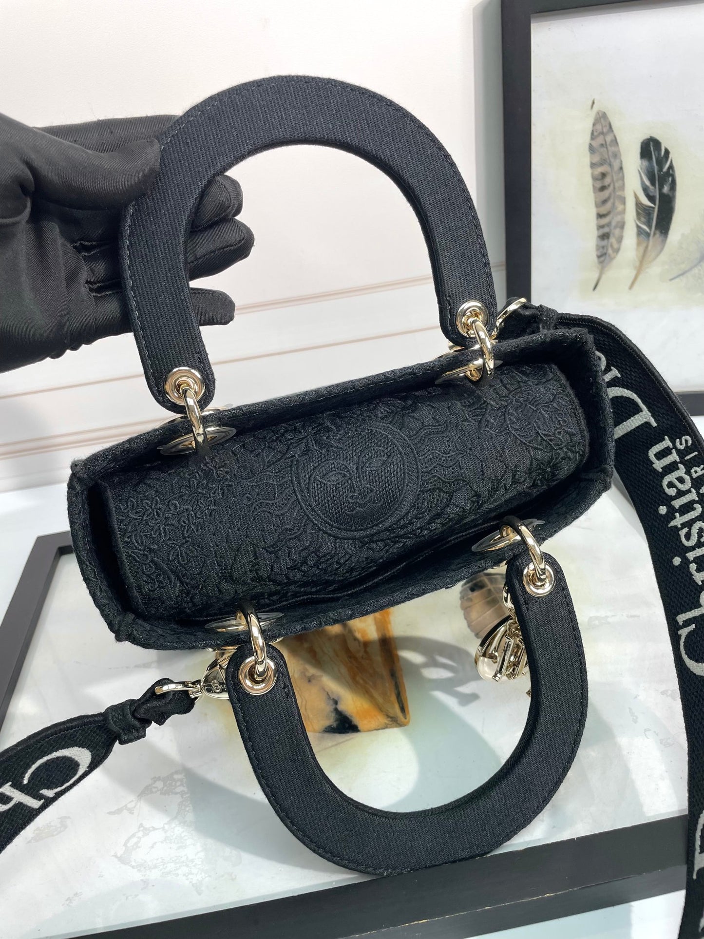 Christian Dior Lady D-Lite Medium Bag - Black Embroidered Canvas Handbag
